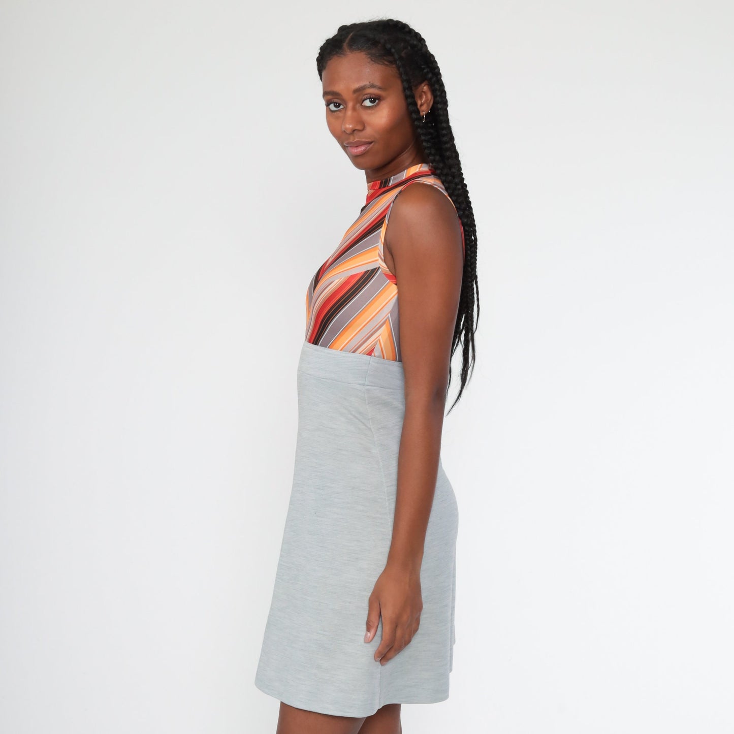 70s Chevron Stripe Mini Shift Dress Empire Waist Grey Orange Extra Small