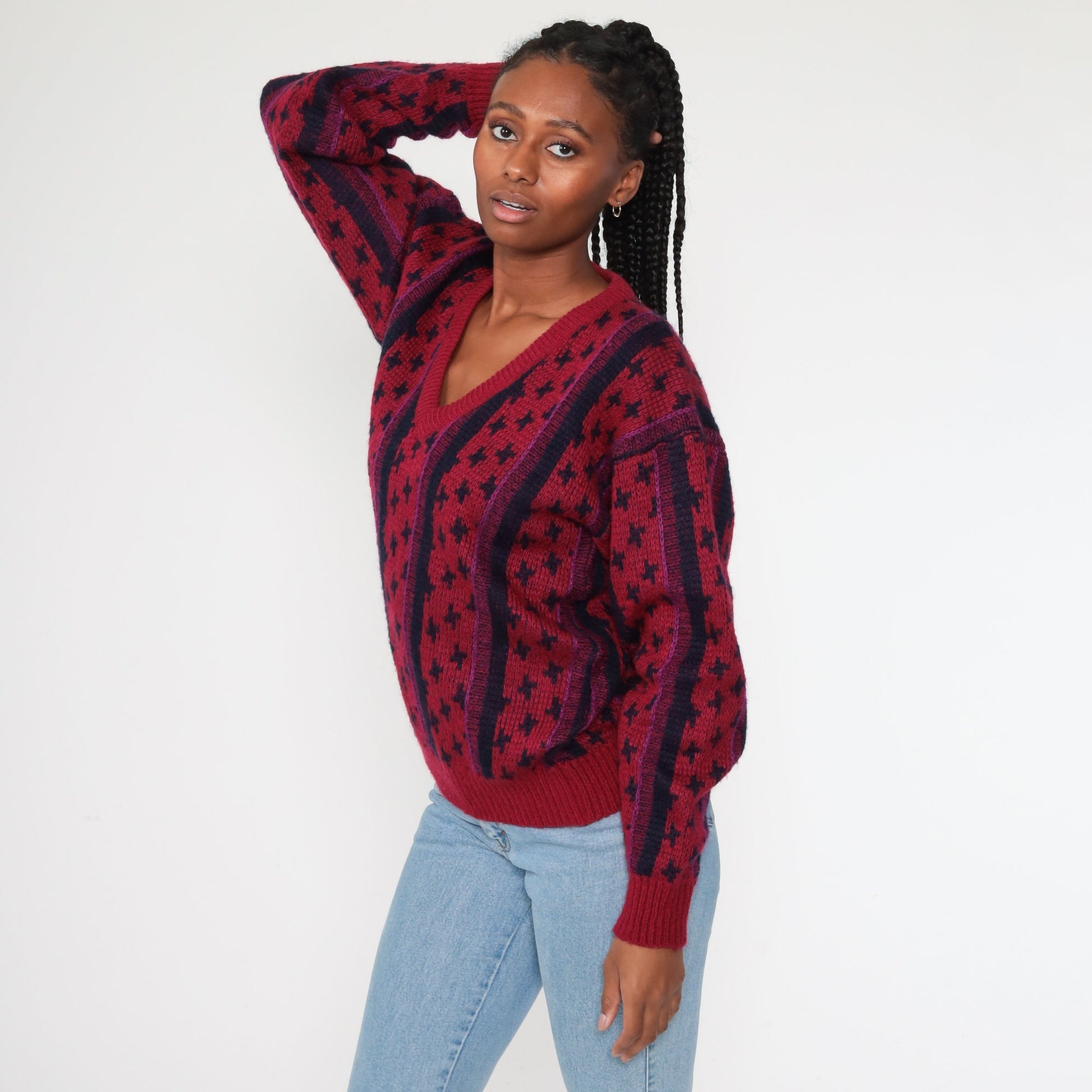 80s Burgundy Striped V-Neck Wool Blend Sweater Knit Pullover Medium