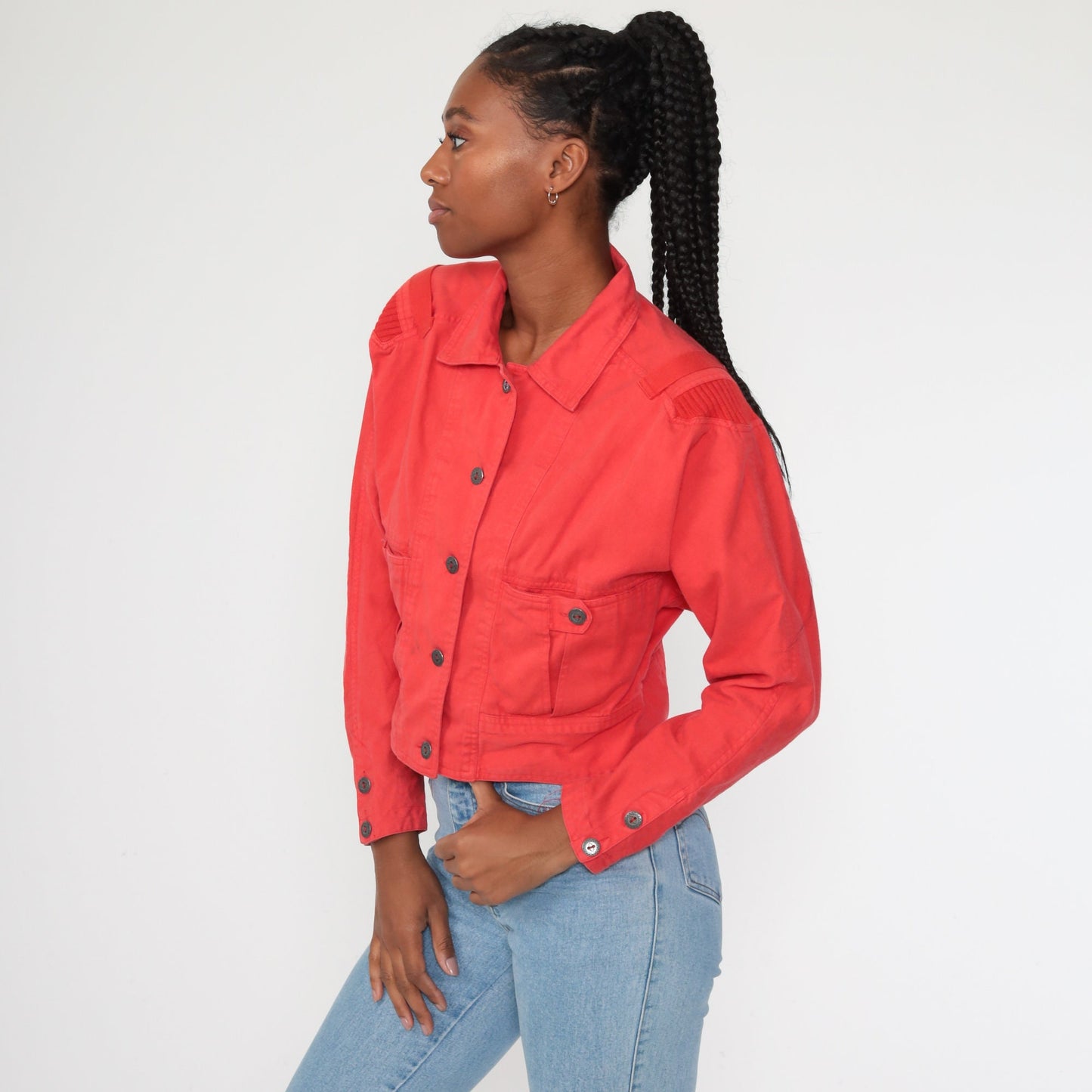 90s Red Cotton Cropped Jacket Button Up Cargo Pocket Small