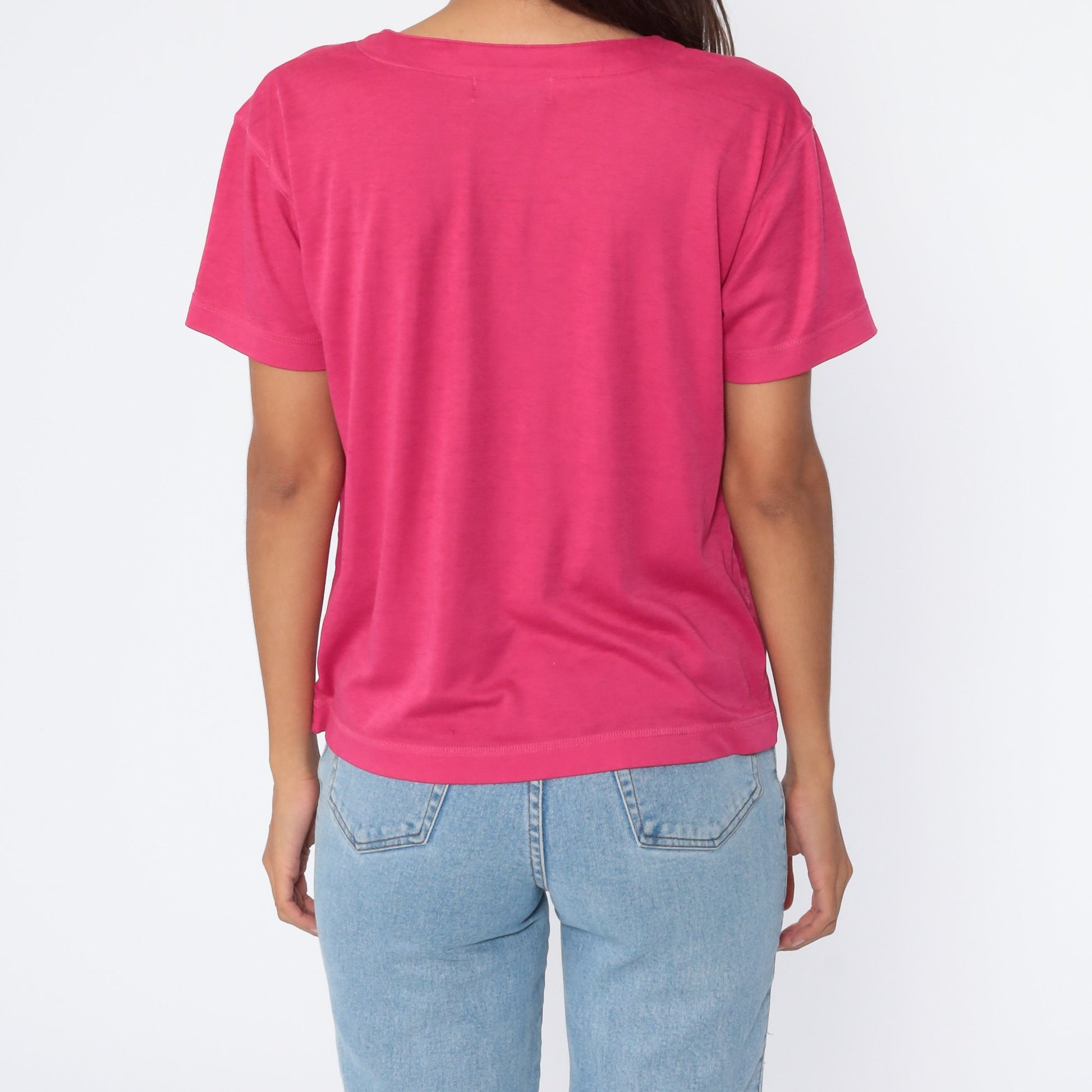 80s Hot Pink Button Neck T-Shirt Short Sleeve Cotton Blend Medium