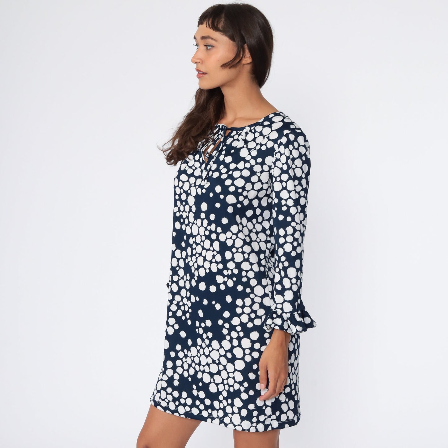 70s Mod Mini Shift Dress Polka Dot Blue White Long Ruffle Sleeve Medium