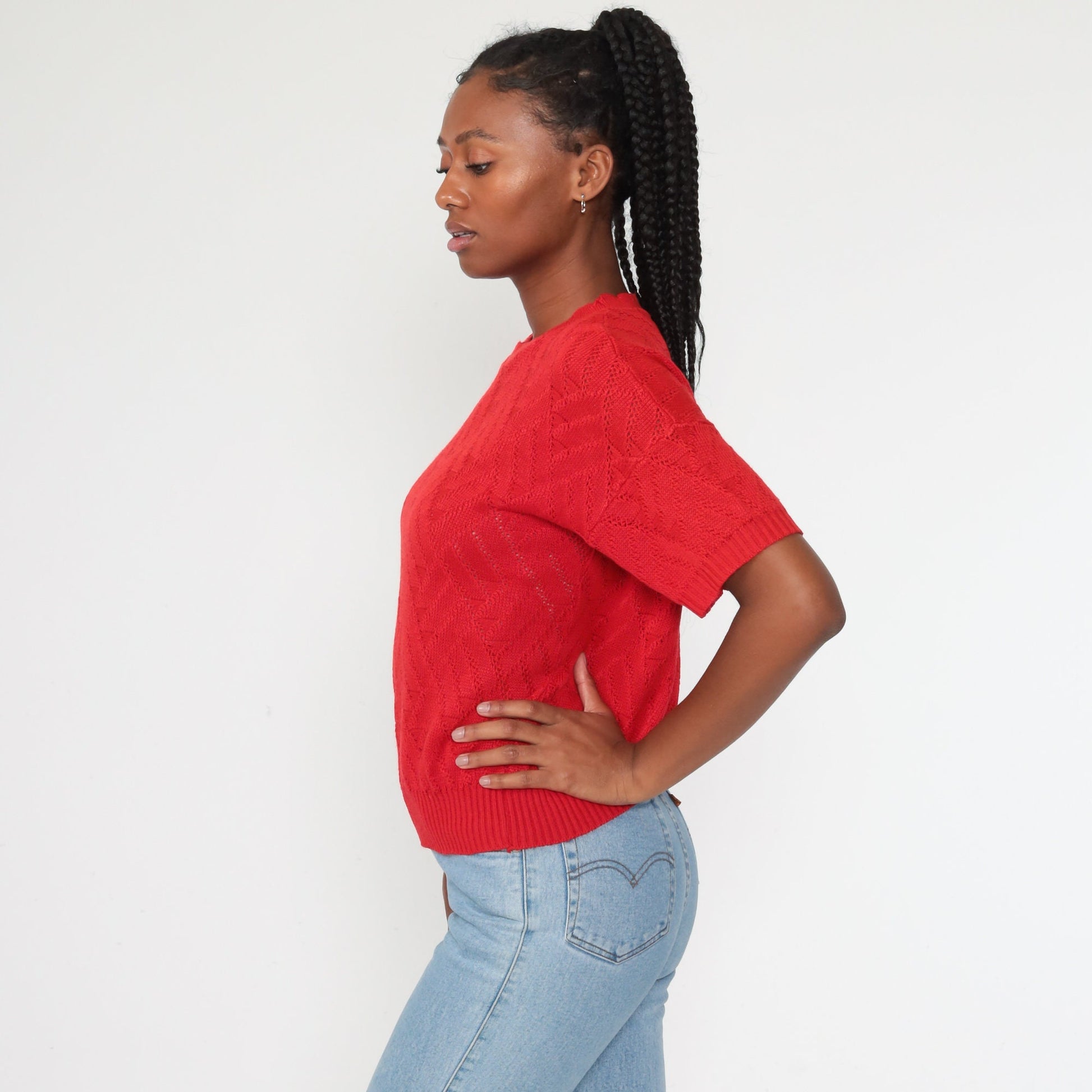 80s Red Open Weave Knit Sweater Top Short Sleeve Medium