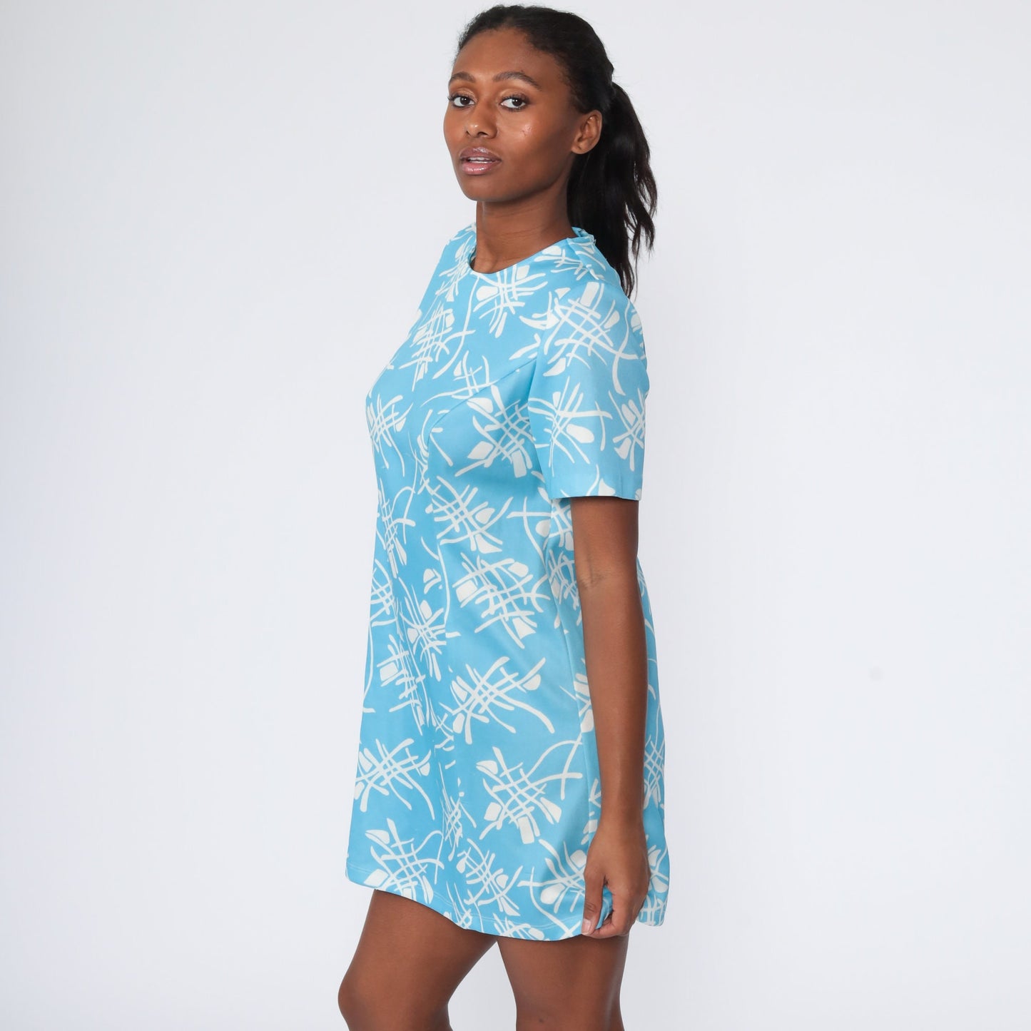 70s Abstract Print Mini Shift Dress Blue Sheath Cut Large