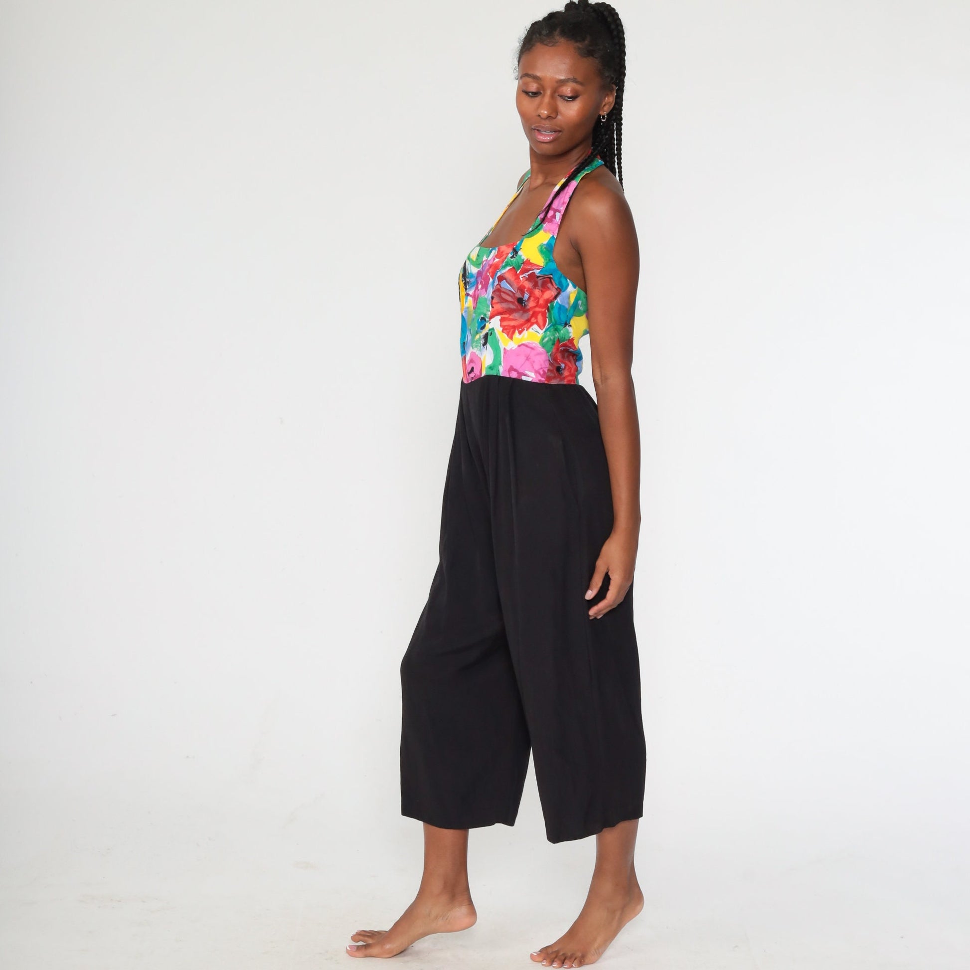 90s Black Floral Halter Jumpsuit Straight Leg Backless Small S