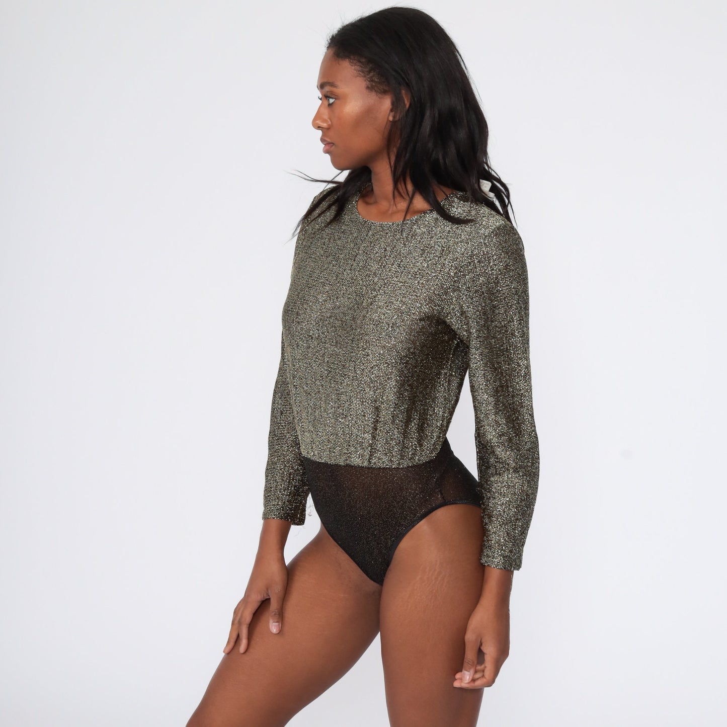 80s Victoria's Secret Metallic Gold Bodysuit Long Sleeve Blouson Small