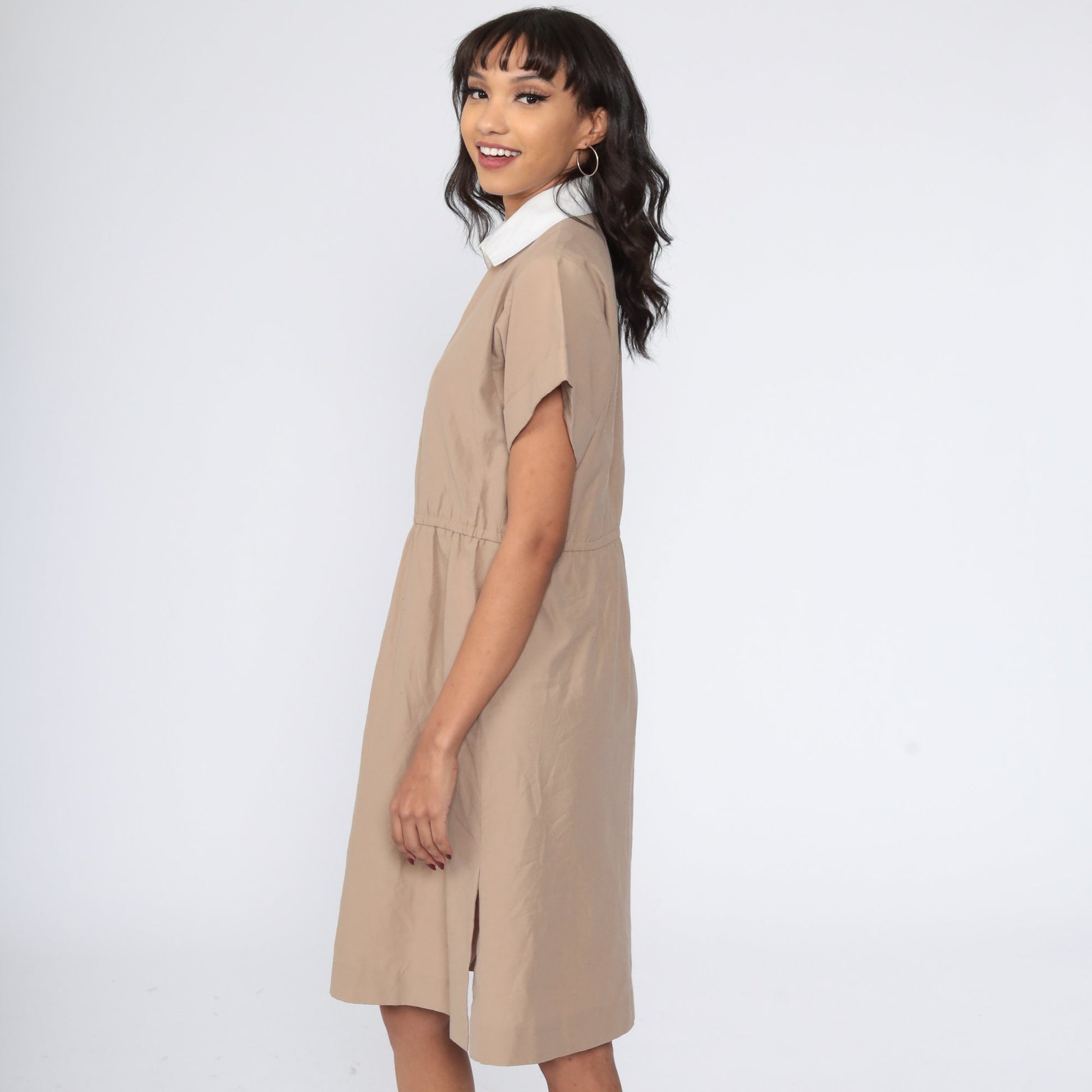 80s Khaki Shirtwaist Midi Dress High Waisted Button Up Short Sleeve Small