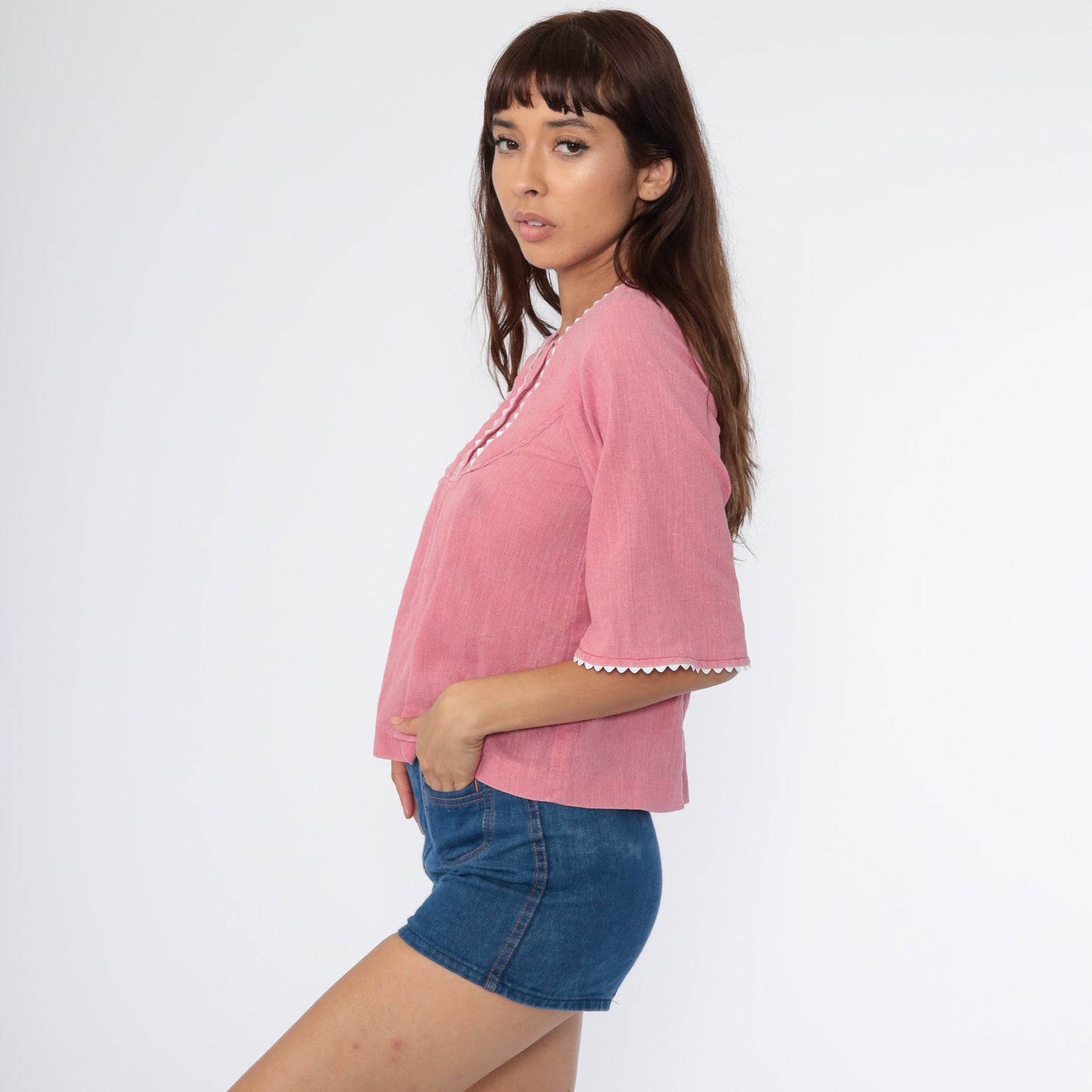 70s Pink Cotton Tunic Top Wide Sleeve Blouse Extra Small XS