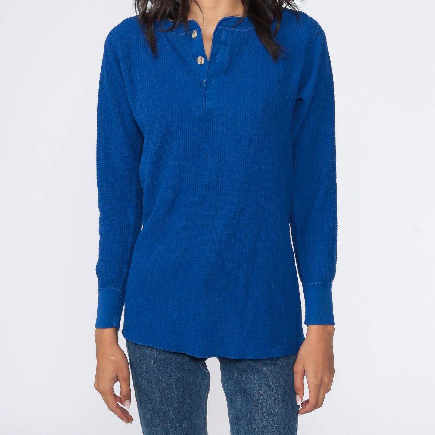 90s Blue Waffle Knit Thermal Henley Long Sleeve Shirt Large