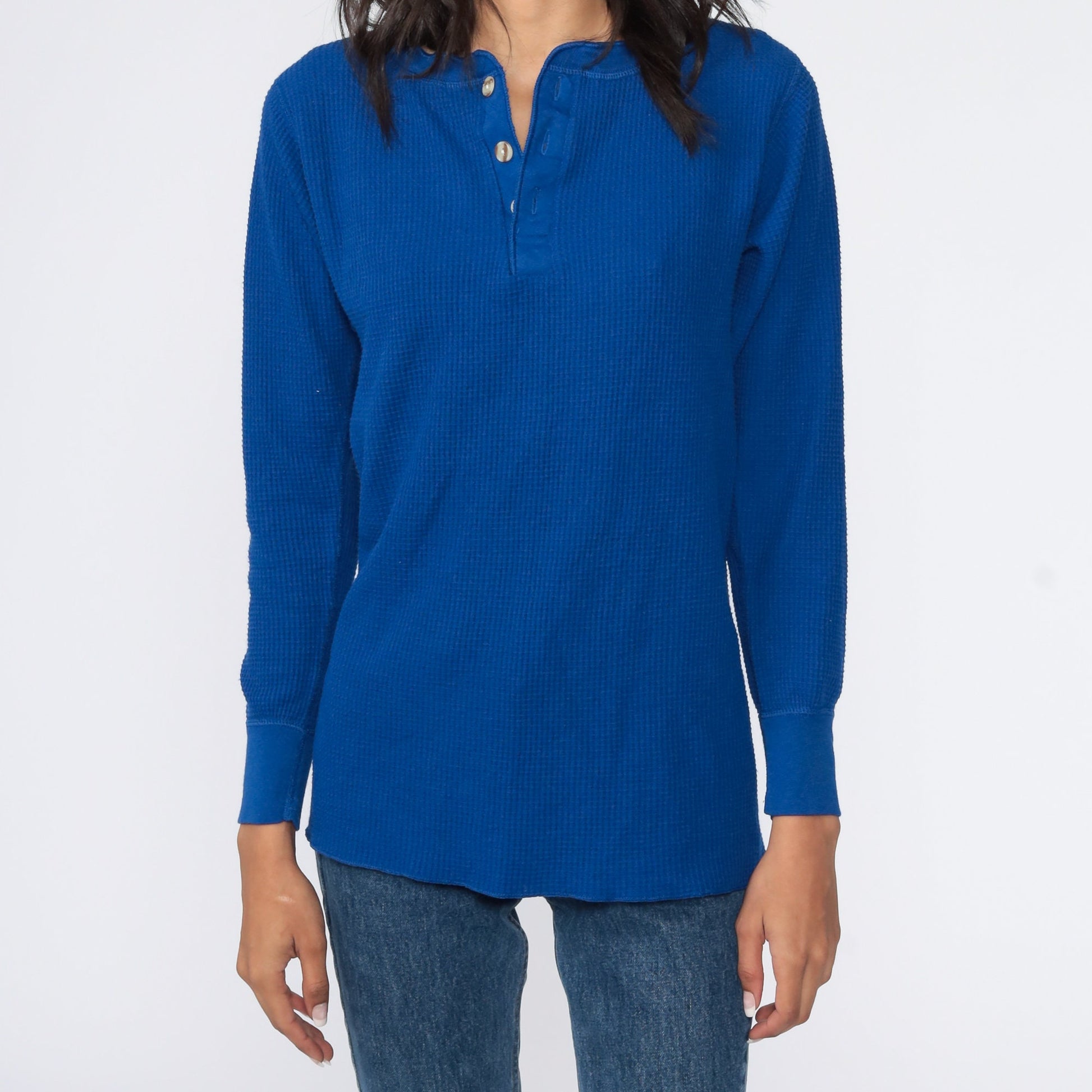 90s Blue Waffle Knit Thermal Henley Long Sleeve Shirt Large