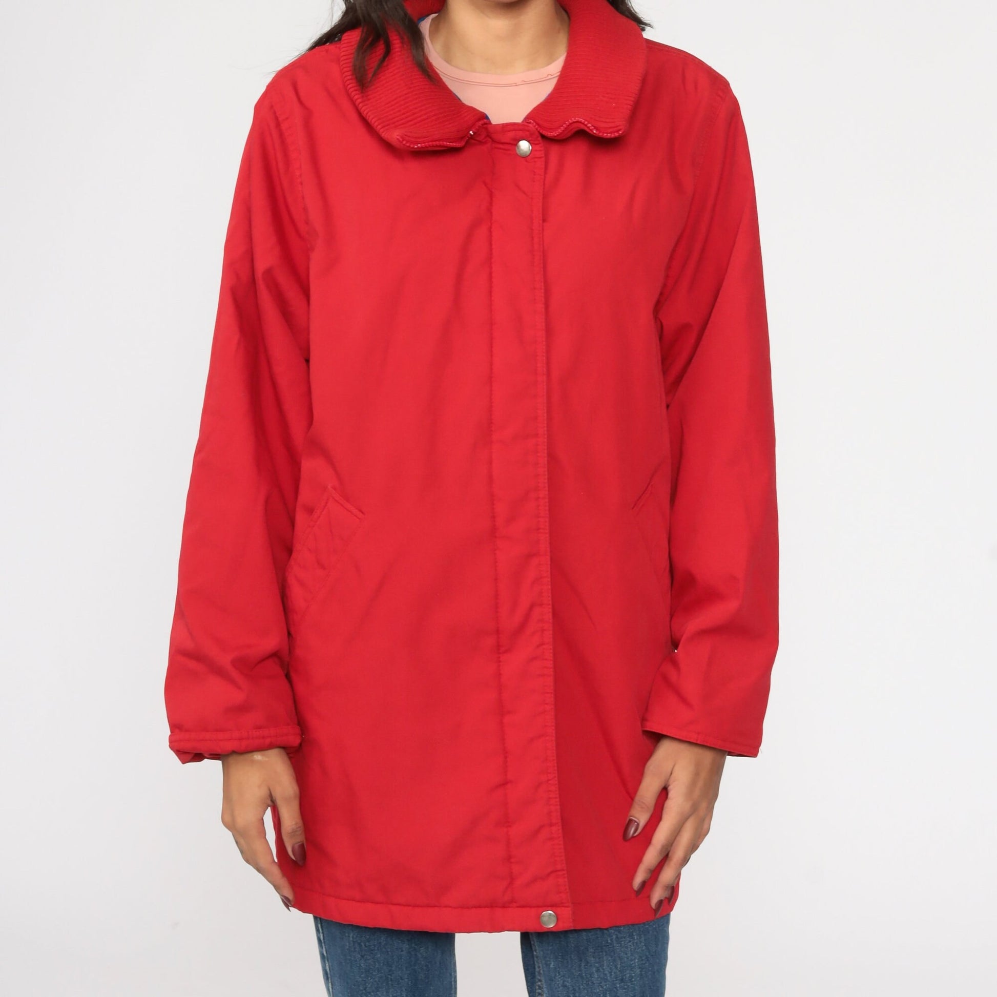 80s Windsor Bay Red Cotton Windbreaker Jacket Knit Collar Medium