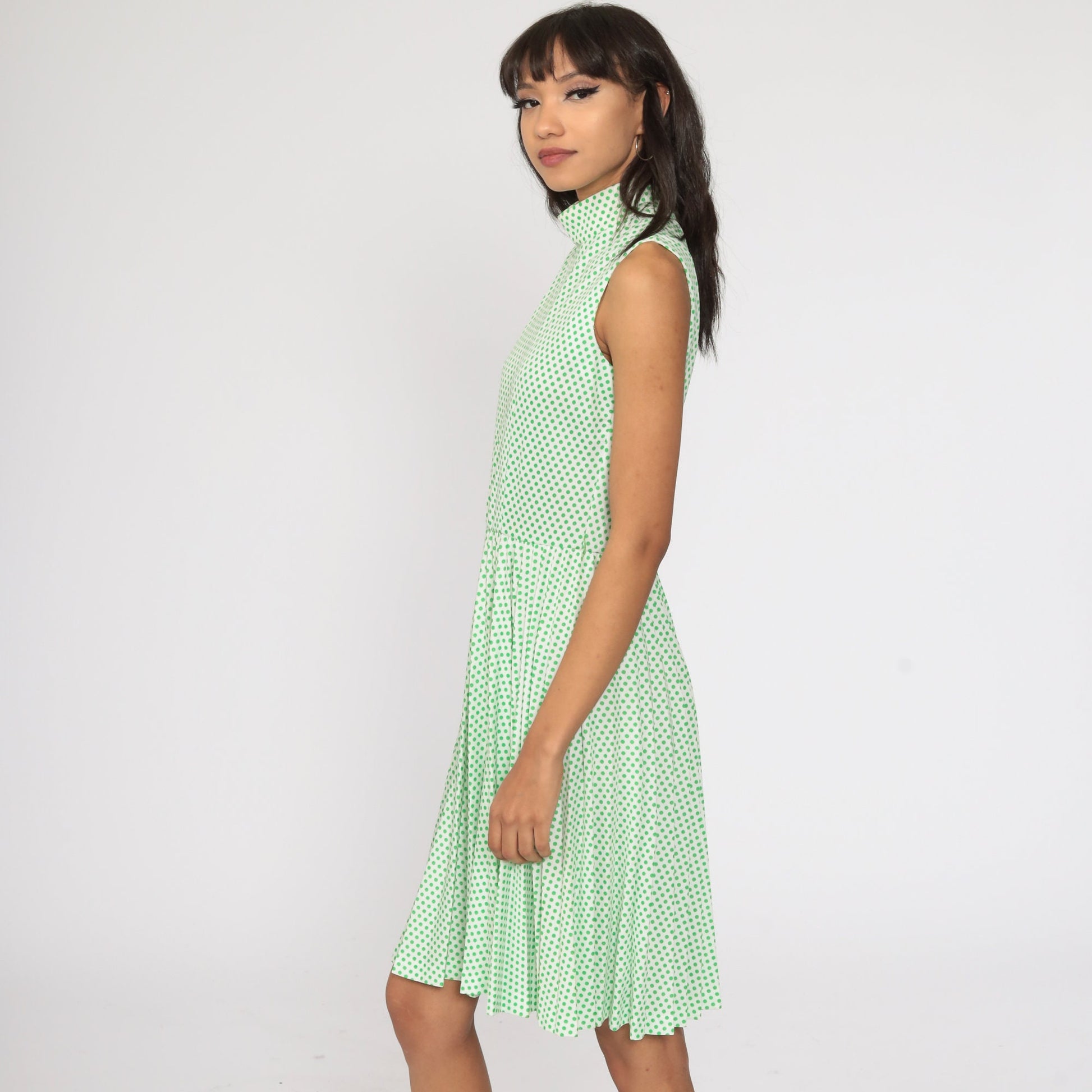70s Green Polka Dot Midi Dress High Waist Pleated Mock Neck Extra Small