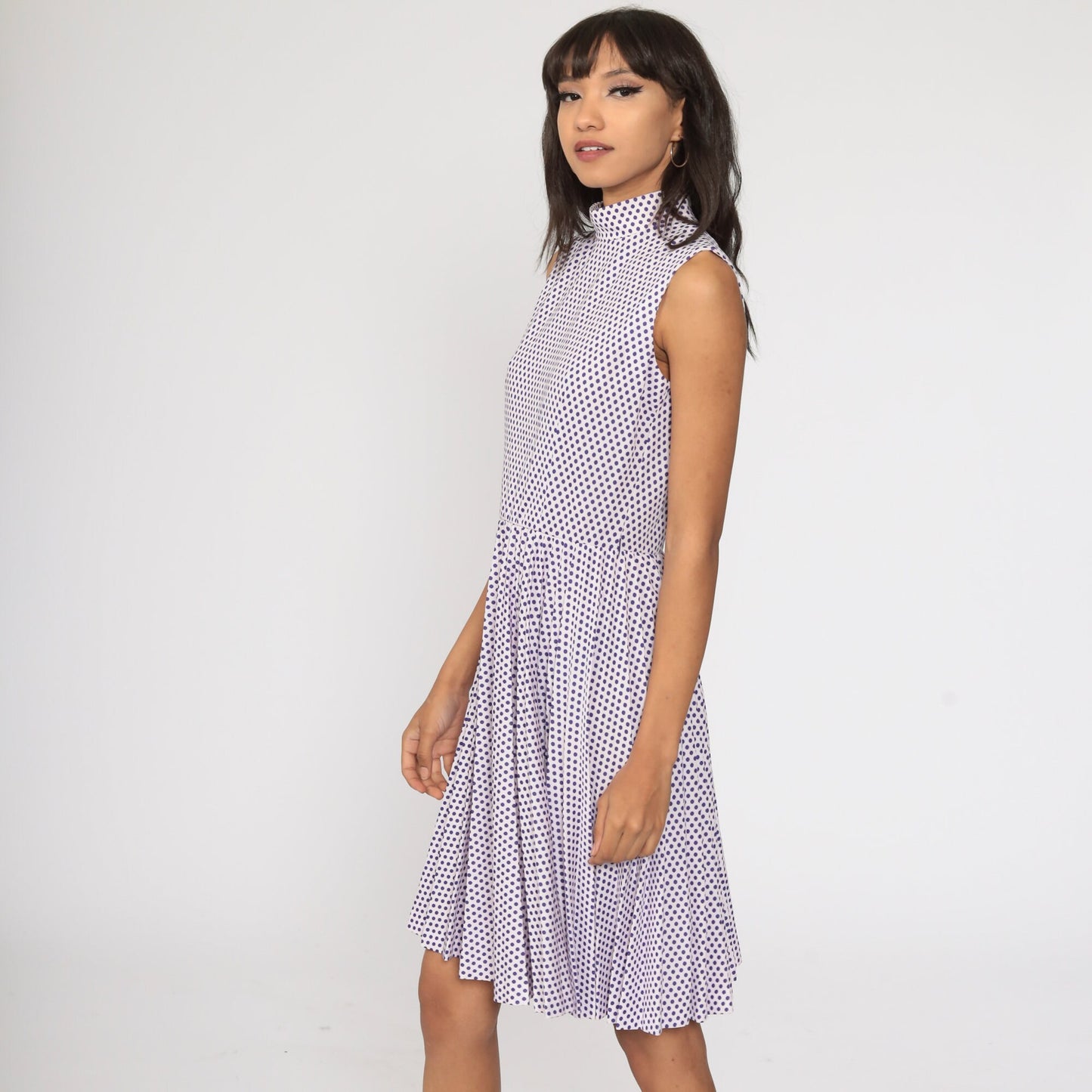 1970s Purple Polka Dot Midi Dress High Waist Pleated Mock Neck Pink Small