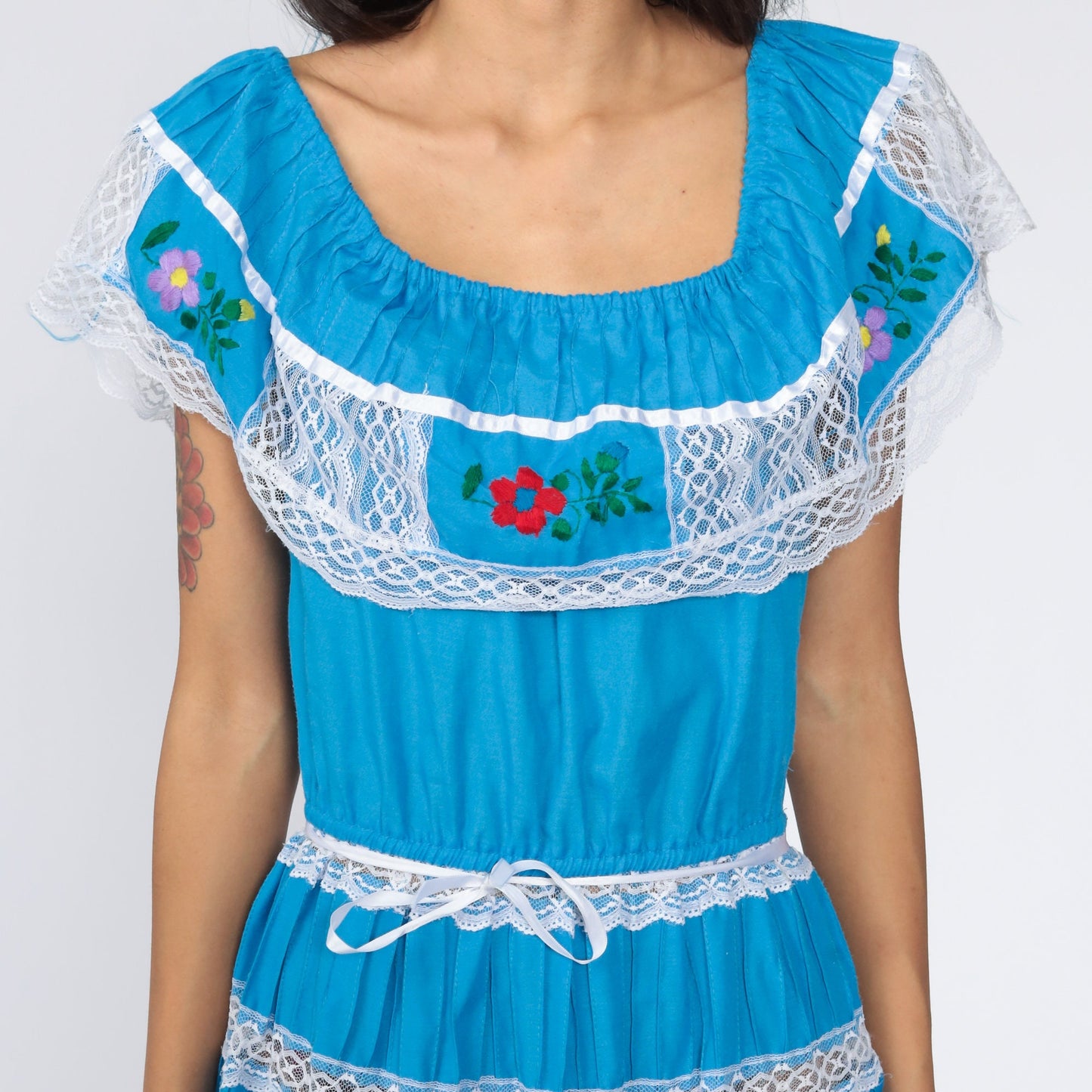 80s Mexican Peasant Dress Embroidered Off-Shoulder Midi Blue Small