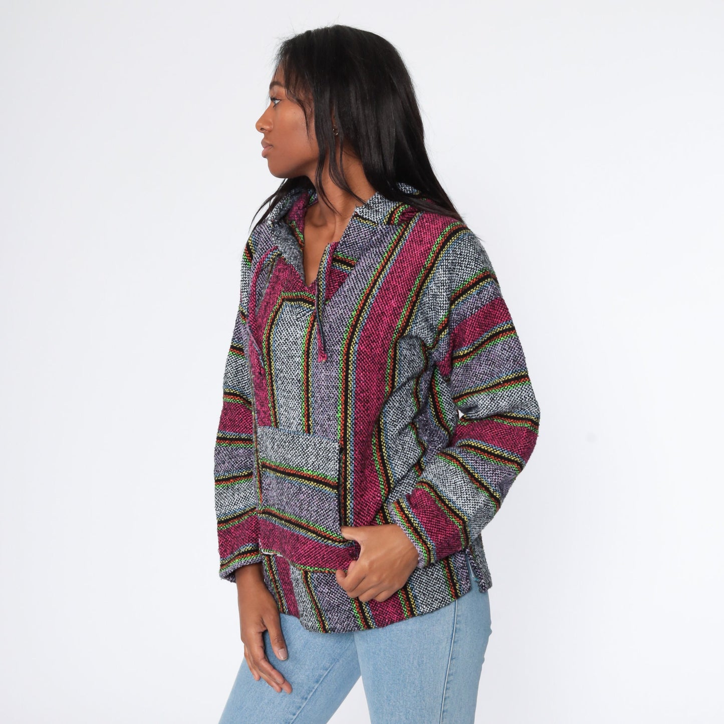 90s Mexican Baja Pullover Hoodie Striped Grey Pink Medium