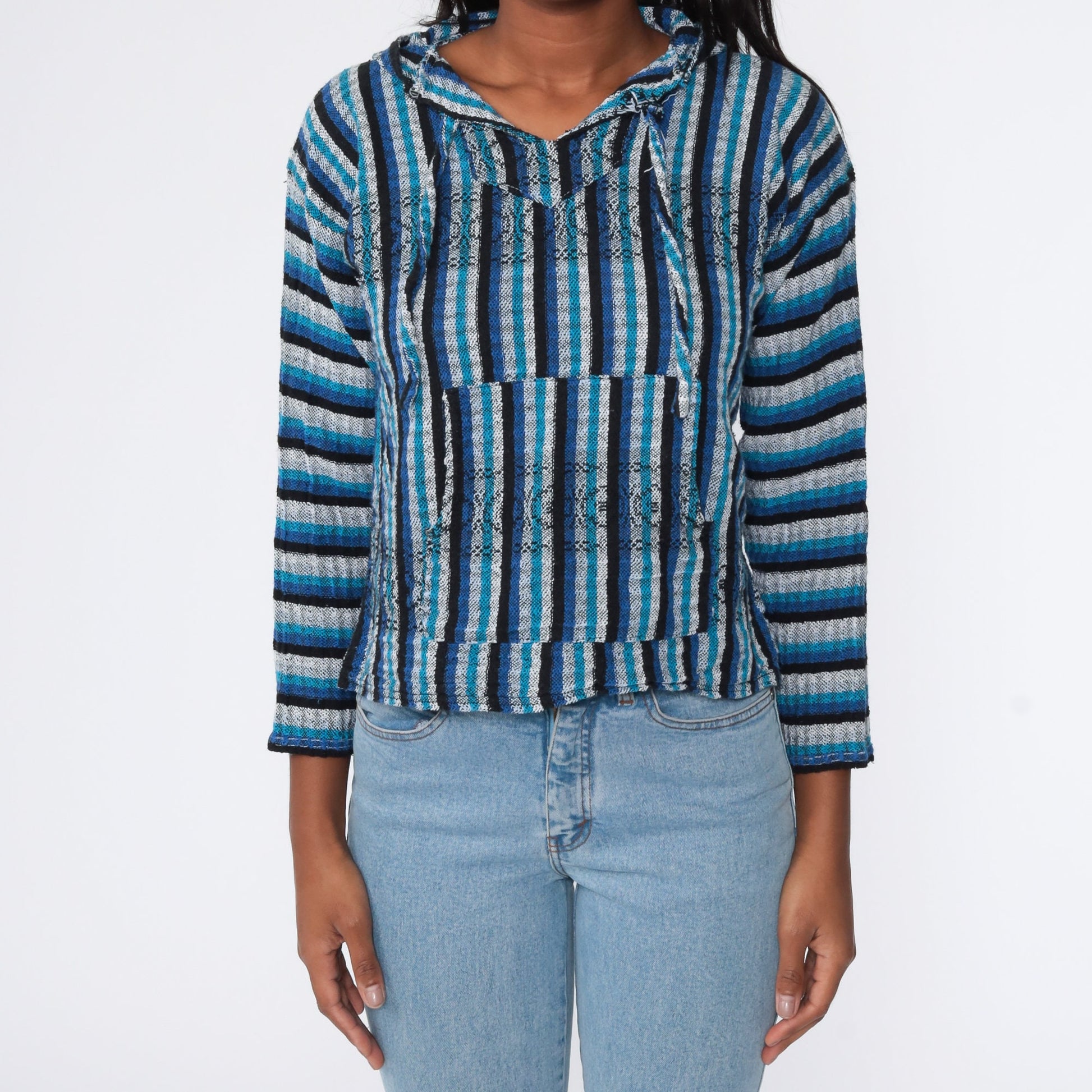 00s Mexican Baja Hoodie Blue Stripe Cotton Kangaroo Pocket Small Medium