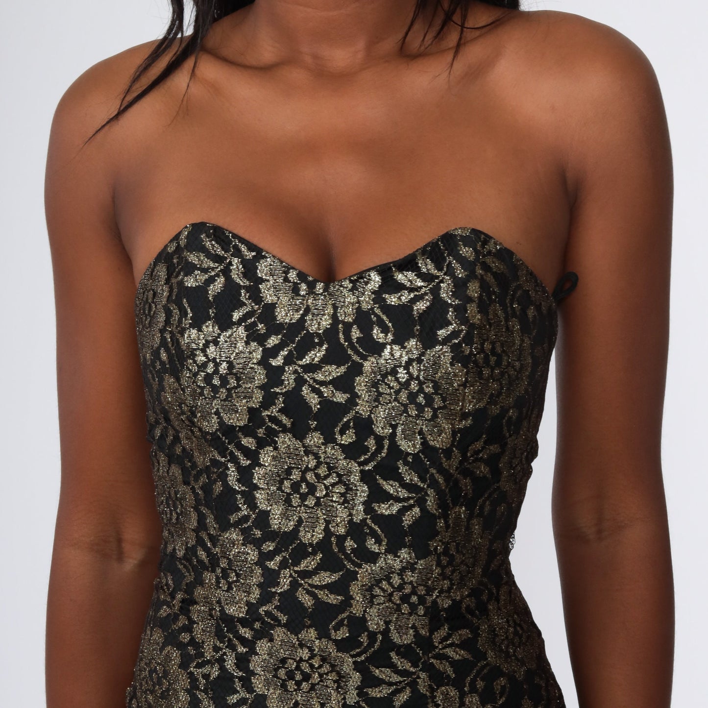 80s Metallic Gold Lace Strapless Mermaid Maxi Dress Sweetheart Neckline Extra Small