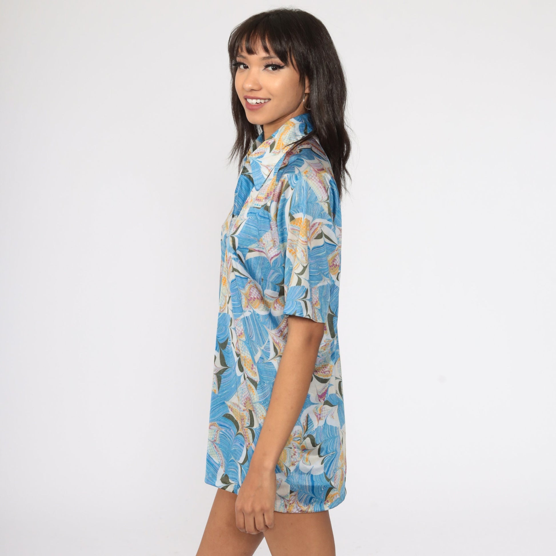 70s Psychedelic Acid Print Button Up Shirt Blue Large