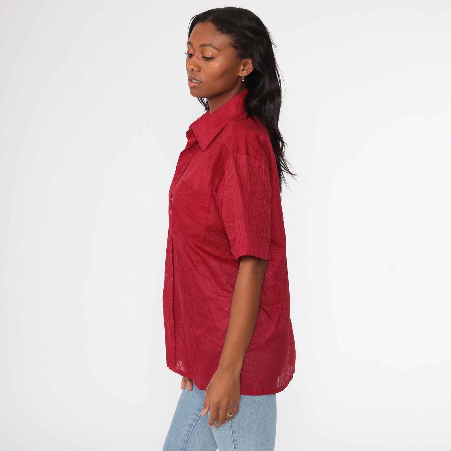 70s Red Sheer Button-Up Shirt Dagger Collar Short Sleeve Extra Large