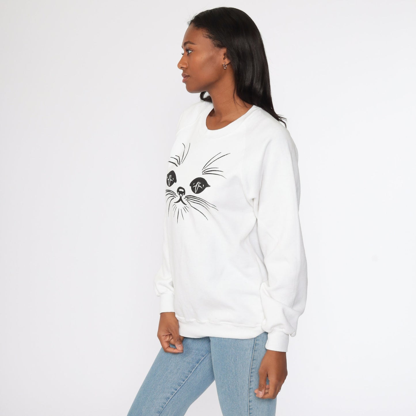 80s Jerzees Cat Face Raglan Sweatshirt White Graphic Crewneck Medium