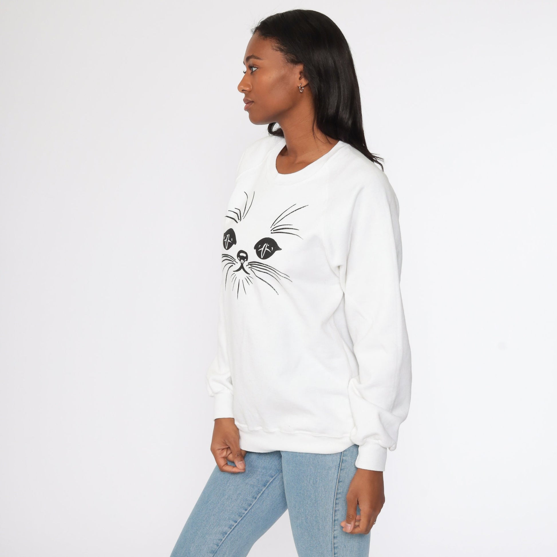 80s Jerzees Cat Face Raglan Sweatshirt White Graphic Crewneck Medium
