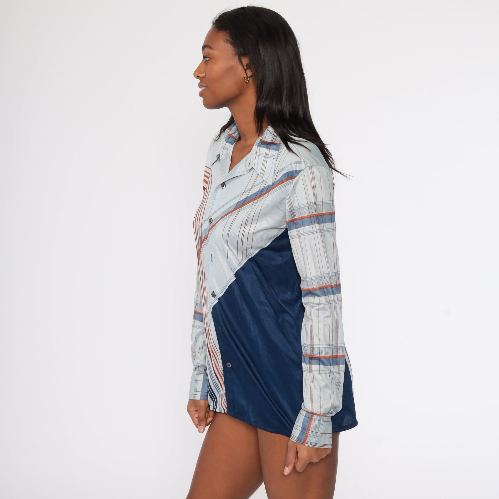 70s Psychedelic Stripe Button Up Blouse Grey Blue Long Sleeve Large L