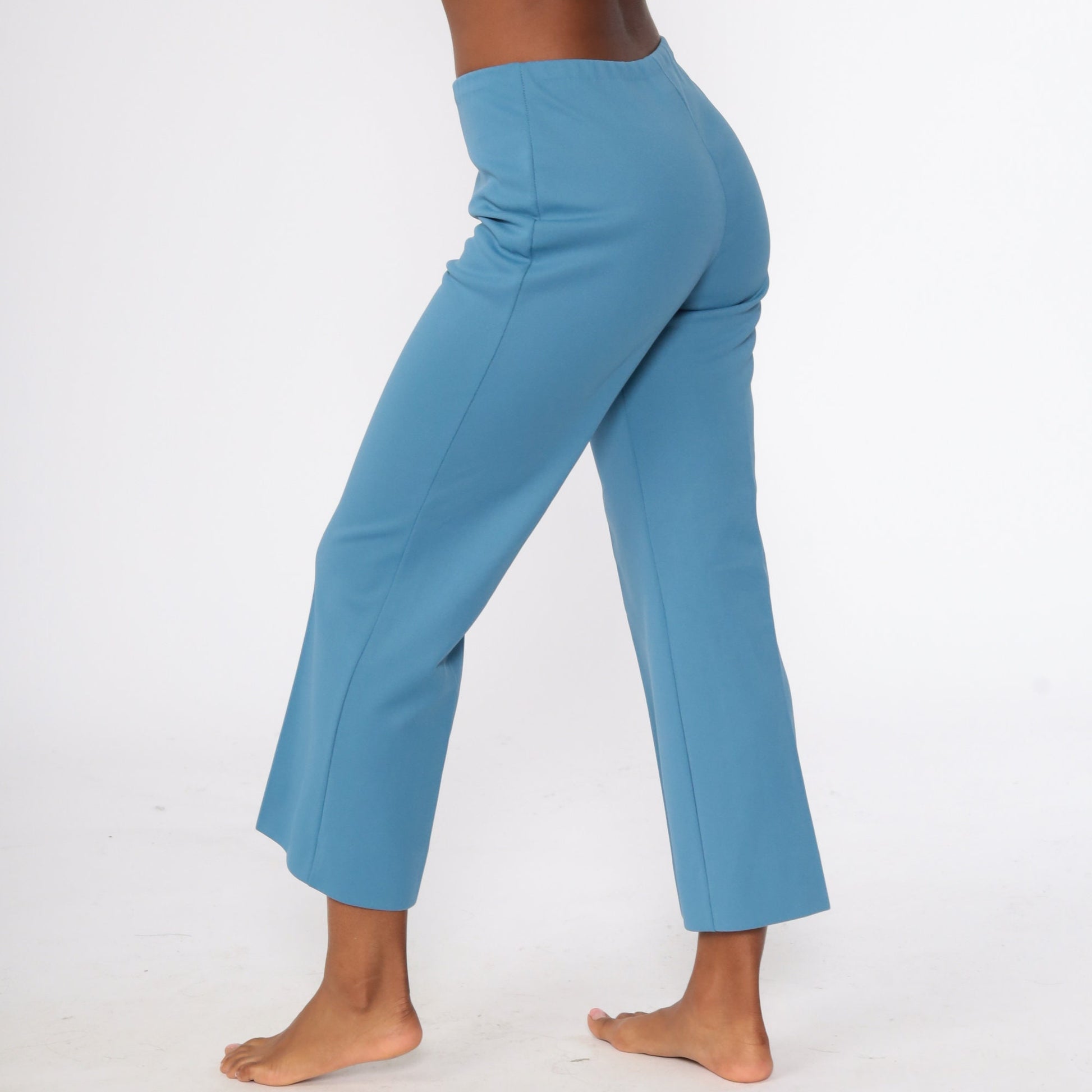 70s Blue Polyester High-Waist Bell Bottom Trousers Extra Small