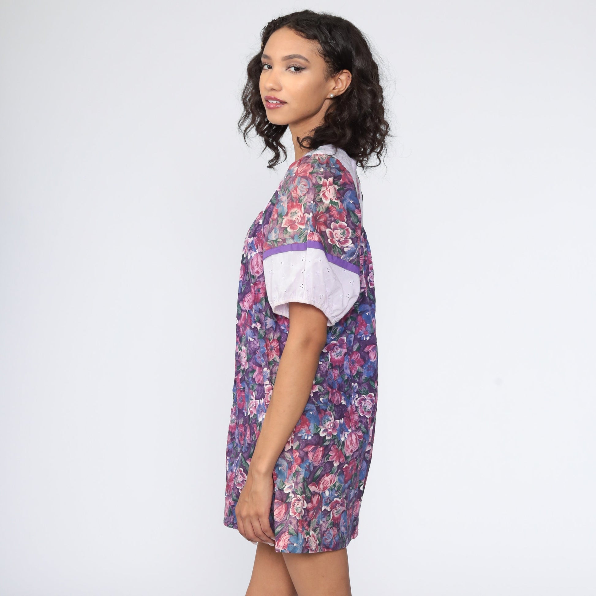 80s Floral Purple Mini Dress Eyelet Lace Tent Cut Small
