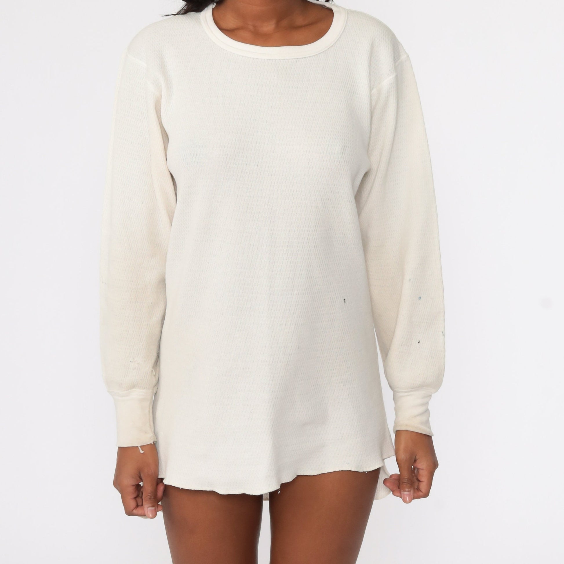 80s Hanes Waffle Knit Thermal Long Sleeve Shirt Off-White XXL