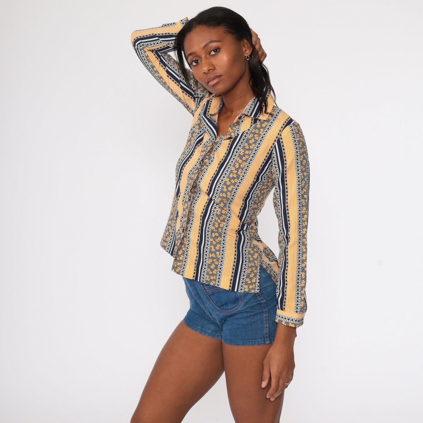 70s Floral Striped Shirt Dagger Collar Yellow Button Up Blouse Small