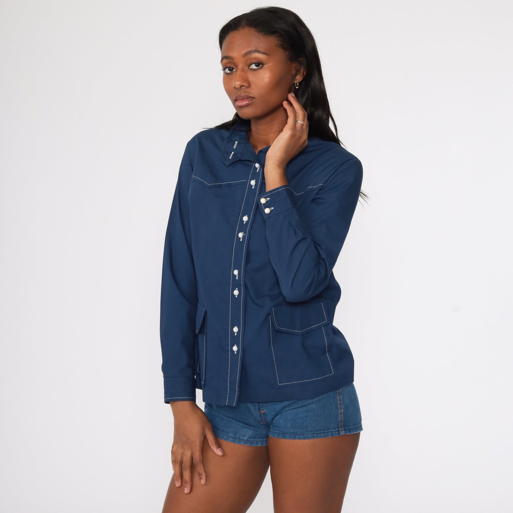 70s Navy Blue Button-Up Shirt Topstitched Oxford Long Sleeve Medium