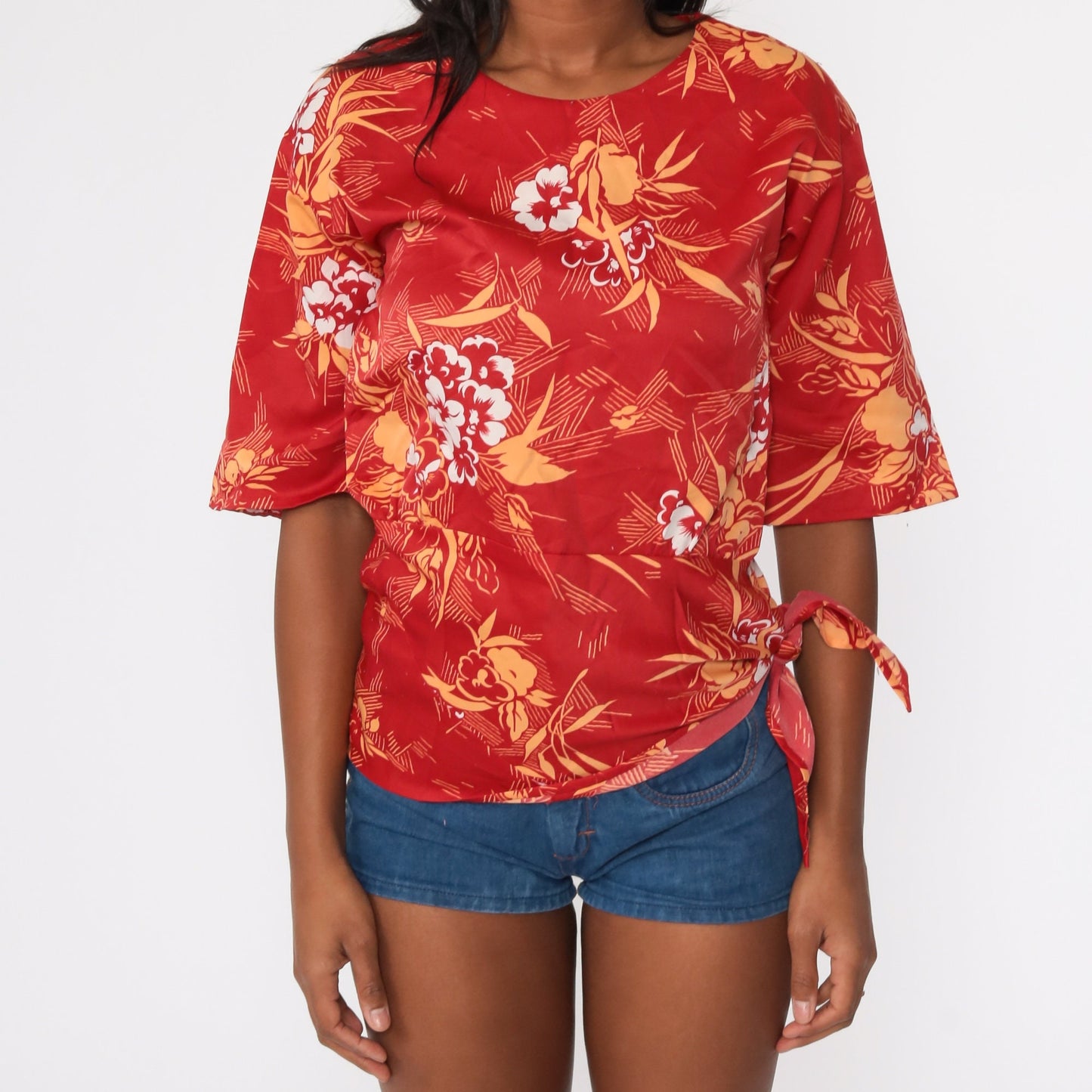 70s Hawaiian Floral Tunic Top Red Print Tie Waist Shirt Small