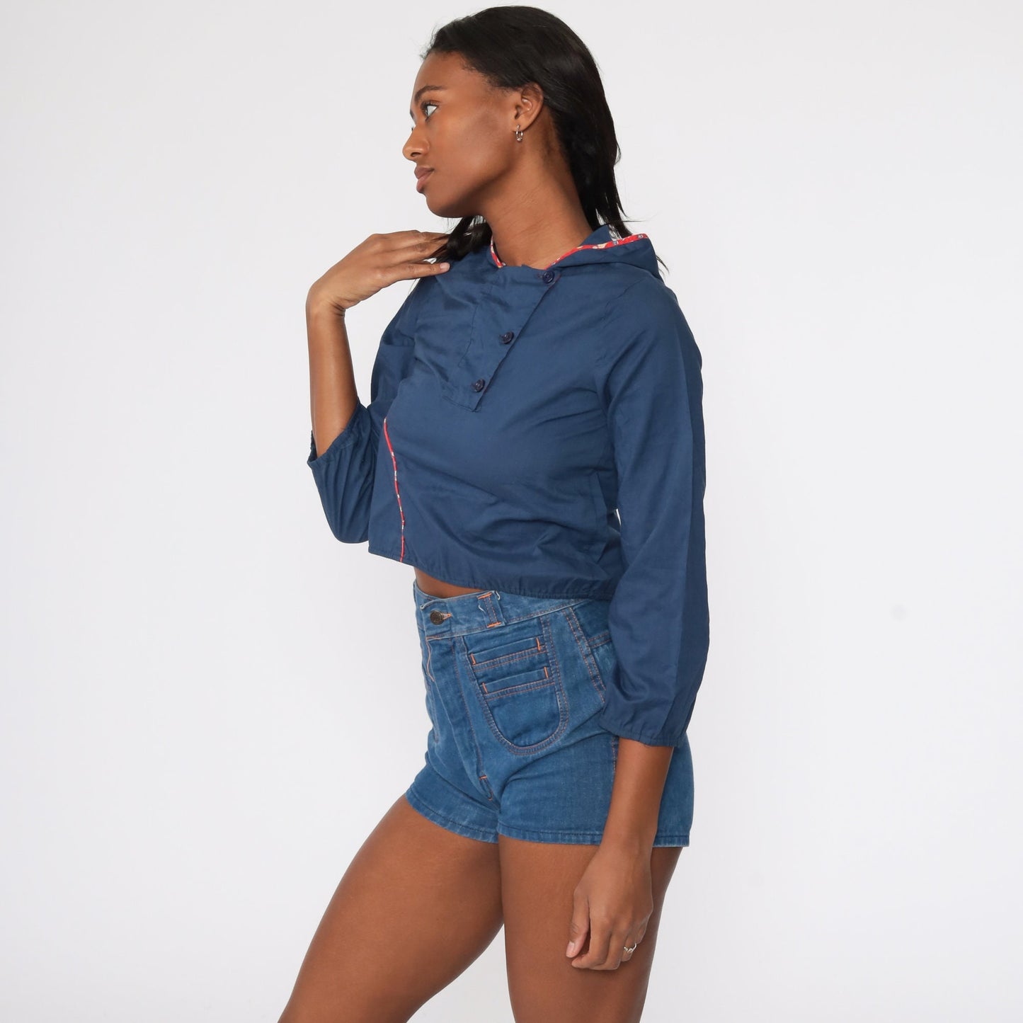 70s Navy Hooded Crop Top Floral Trim Long Sleeve Extra Small XS
