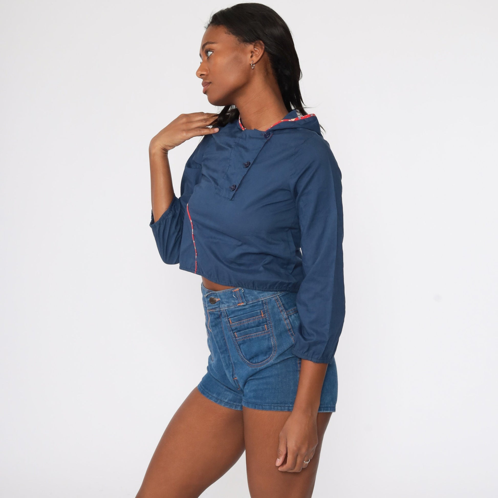 70s Navy Hooded Crop Top Floral Trim Long Sleeve Extra Small XS