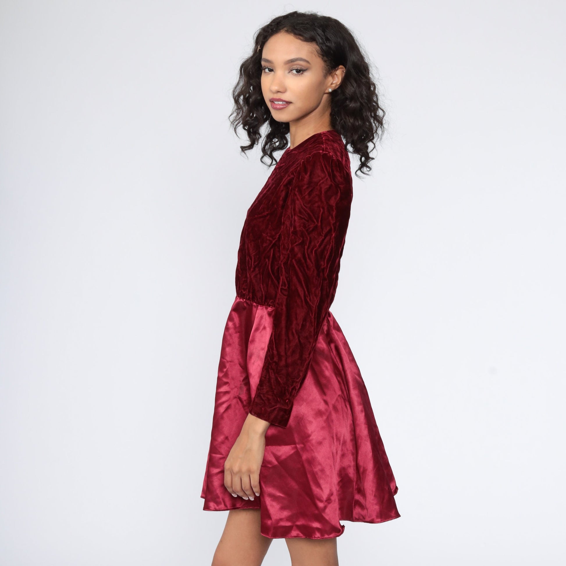 70s Red Velvet Mini Dress Puff Sleeve High Waist Party Medium