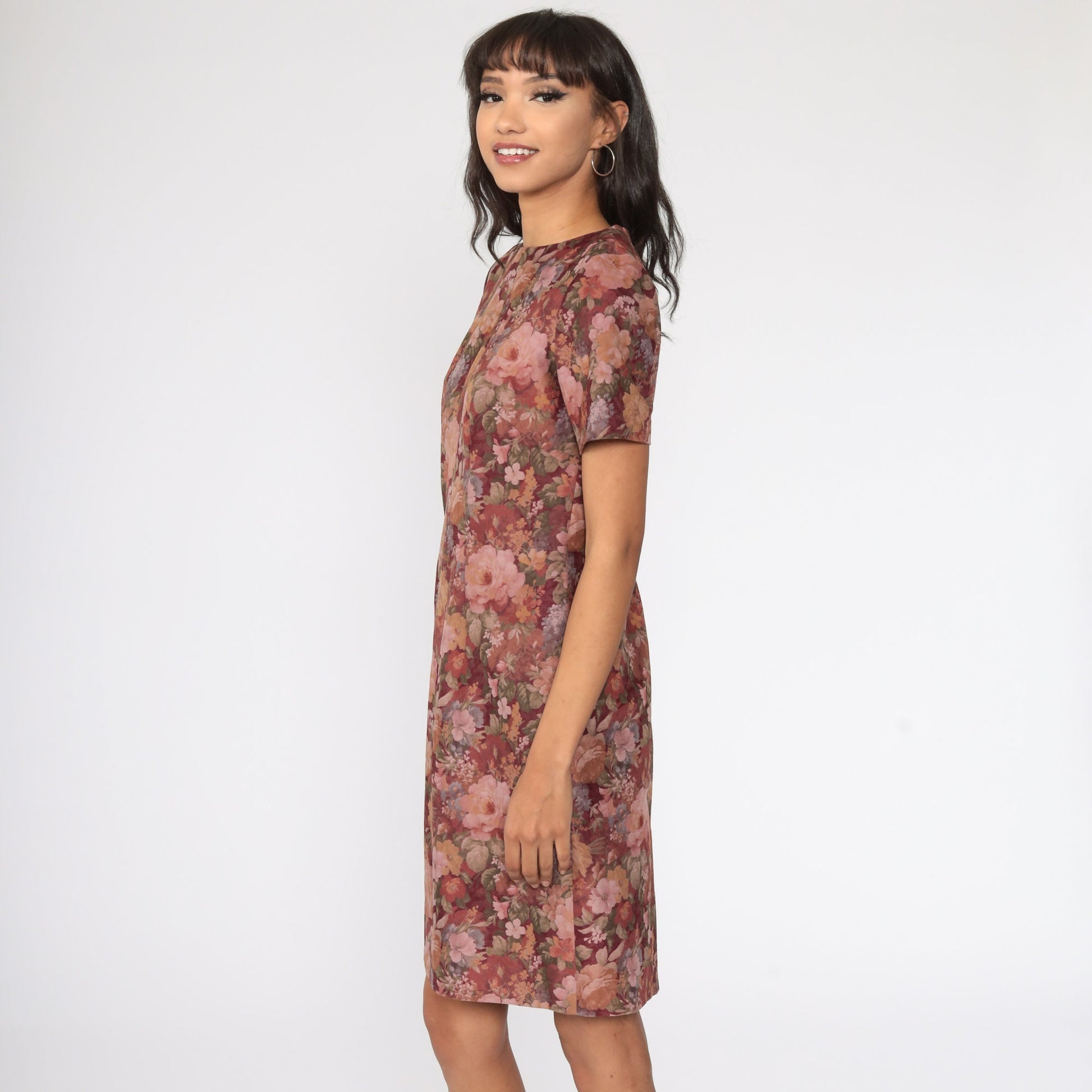 90s Floral Mini Dress Burgundy Shift Faux Suede Short Sleeve Medium