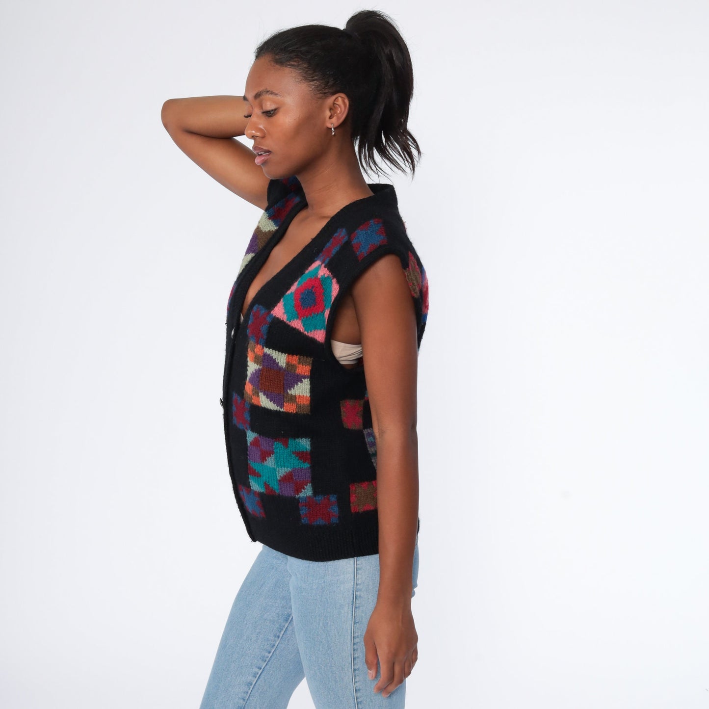 LL Bean Wool Quilted Vest 80s Black Southwestern Small