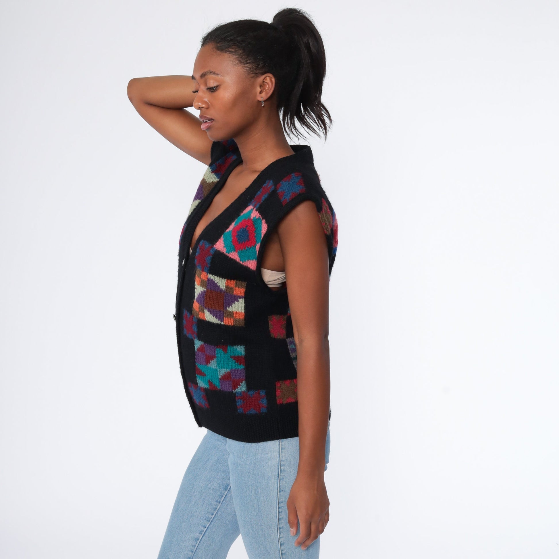 LL Bean Wool Quilted Vest 80s Black Southwestern Small