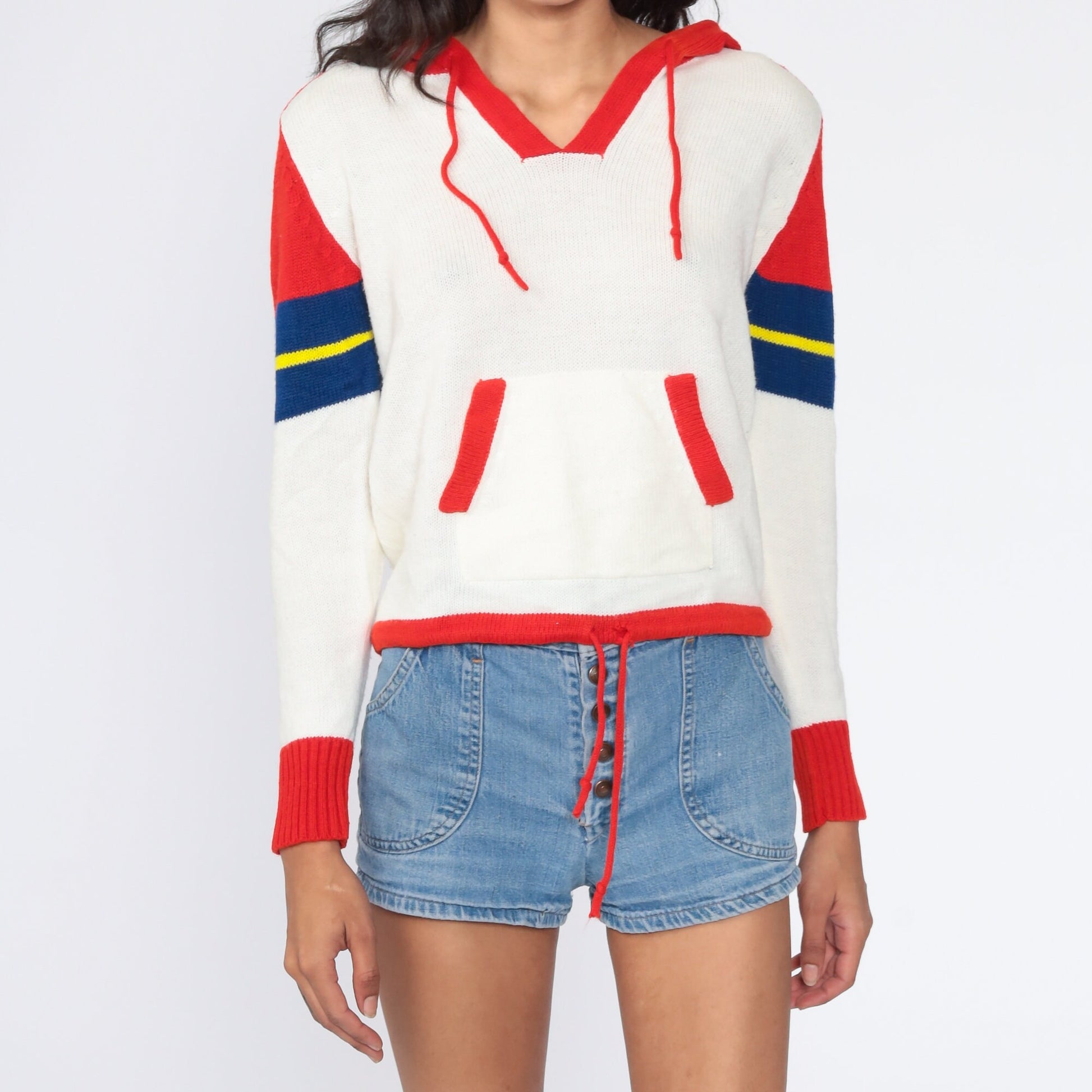 70s White Red Striped Hooded Sweater Knit Pullover Kangaroo Pocket Small