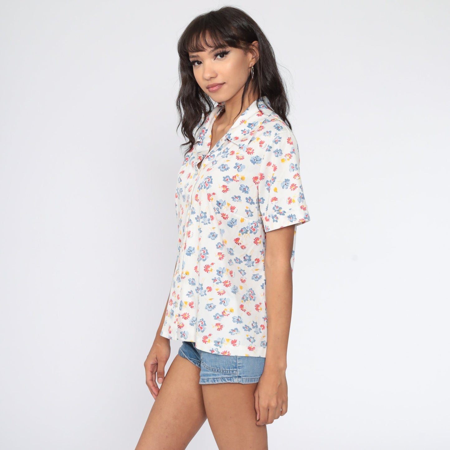 70s White Floral Button-Up Blouse Short Sleeve Collared Shirt Extra Large