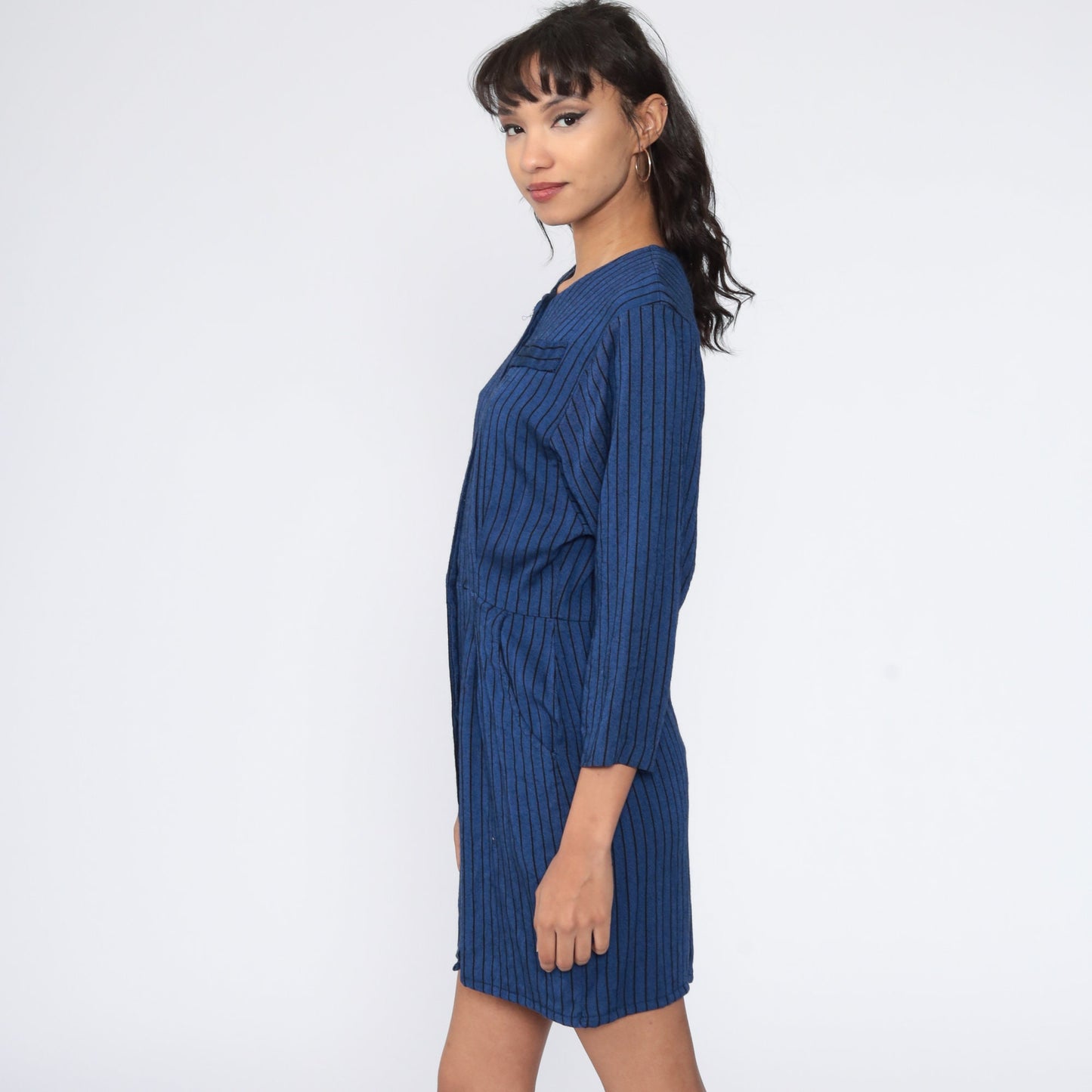 70s Blue Striped Button-Up Mini Dress High Waist Shirtdress Small S