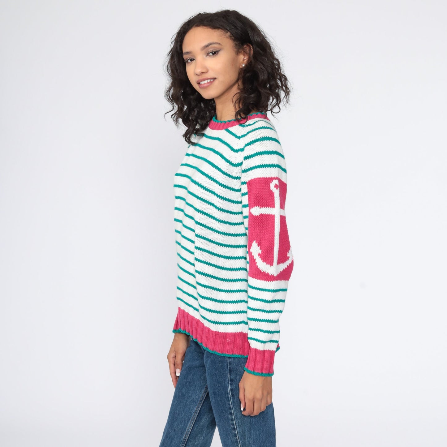90s Nautical Anchor Striped Knit Sweater White Green Small
