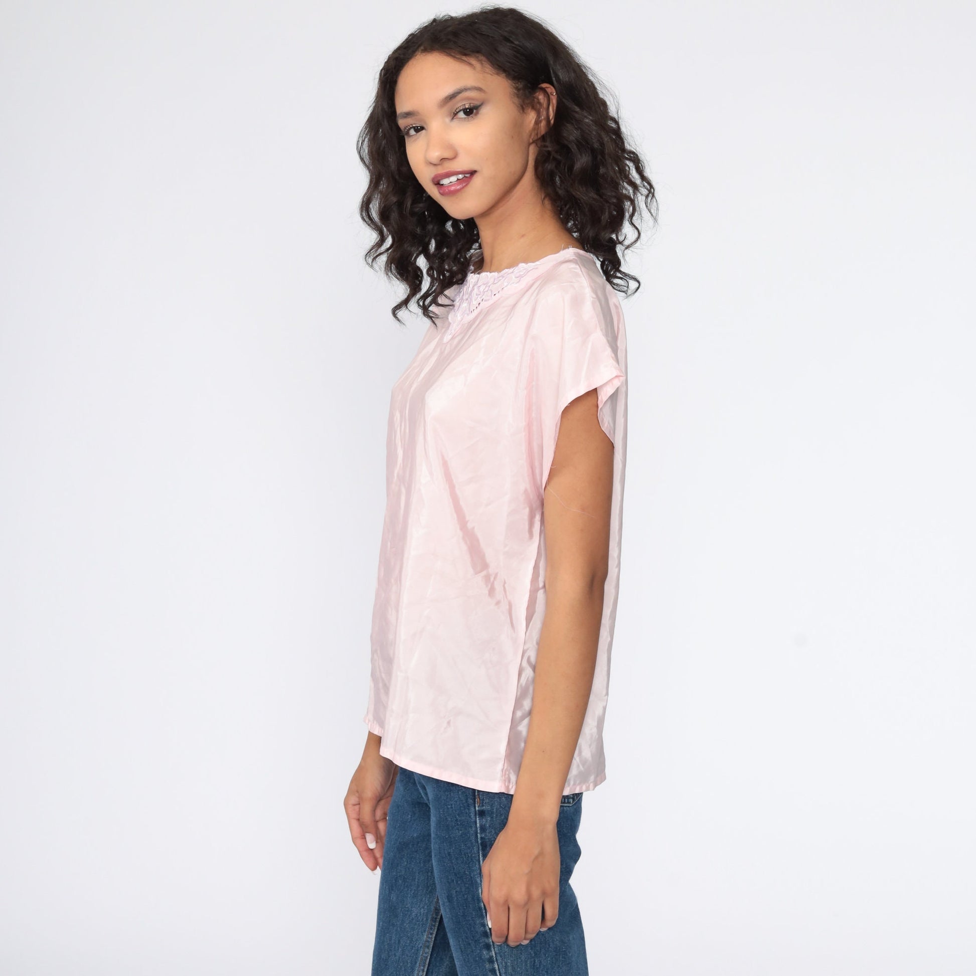 80s Baby Pink Cutwork Embroidered Blouse Floral Short Sleeve Medium