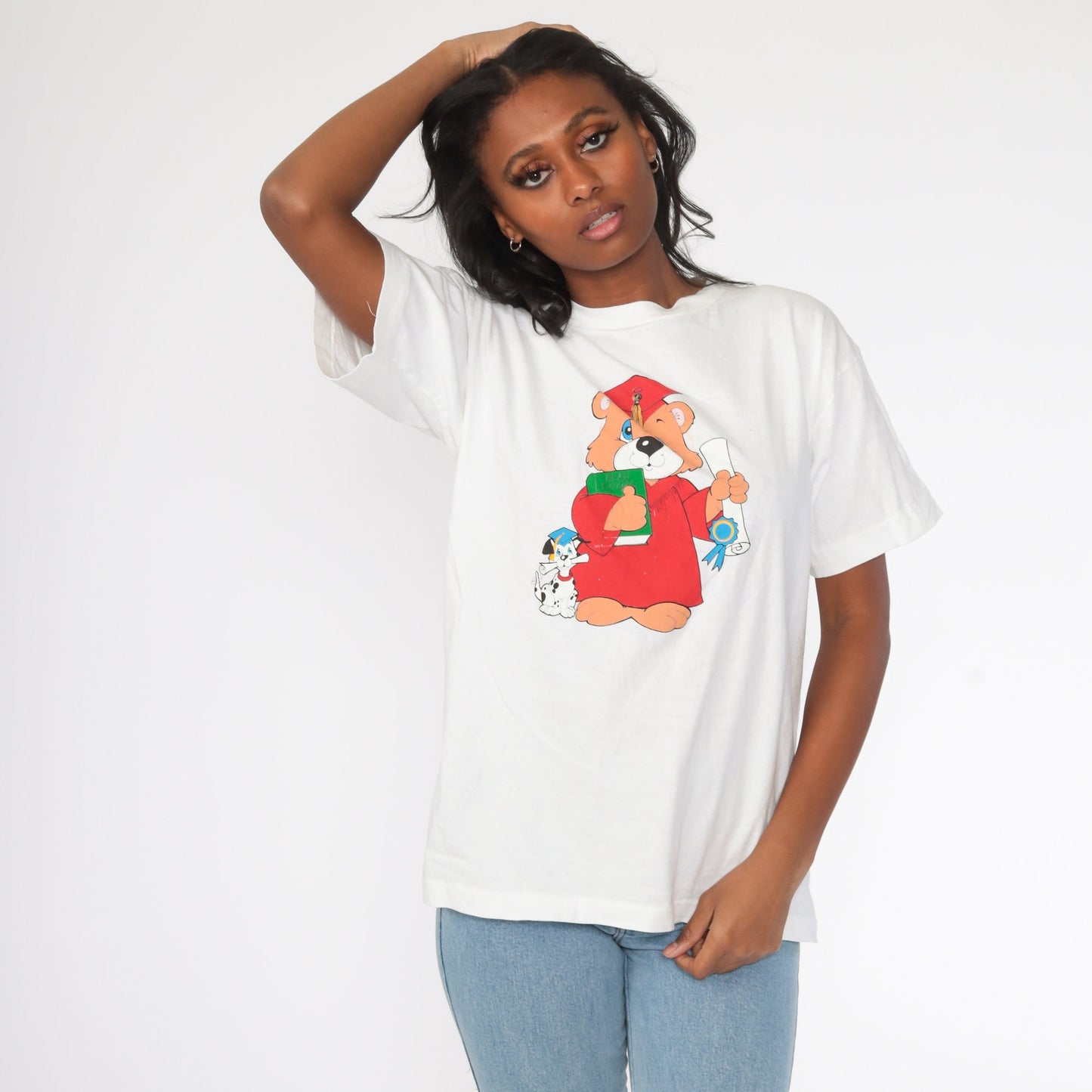 80s Teddy Bear Graduation T-Shirt Cotton Single Stitch White Medium