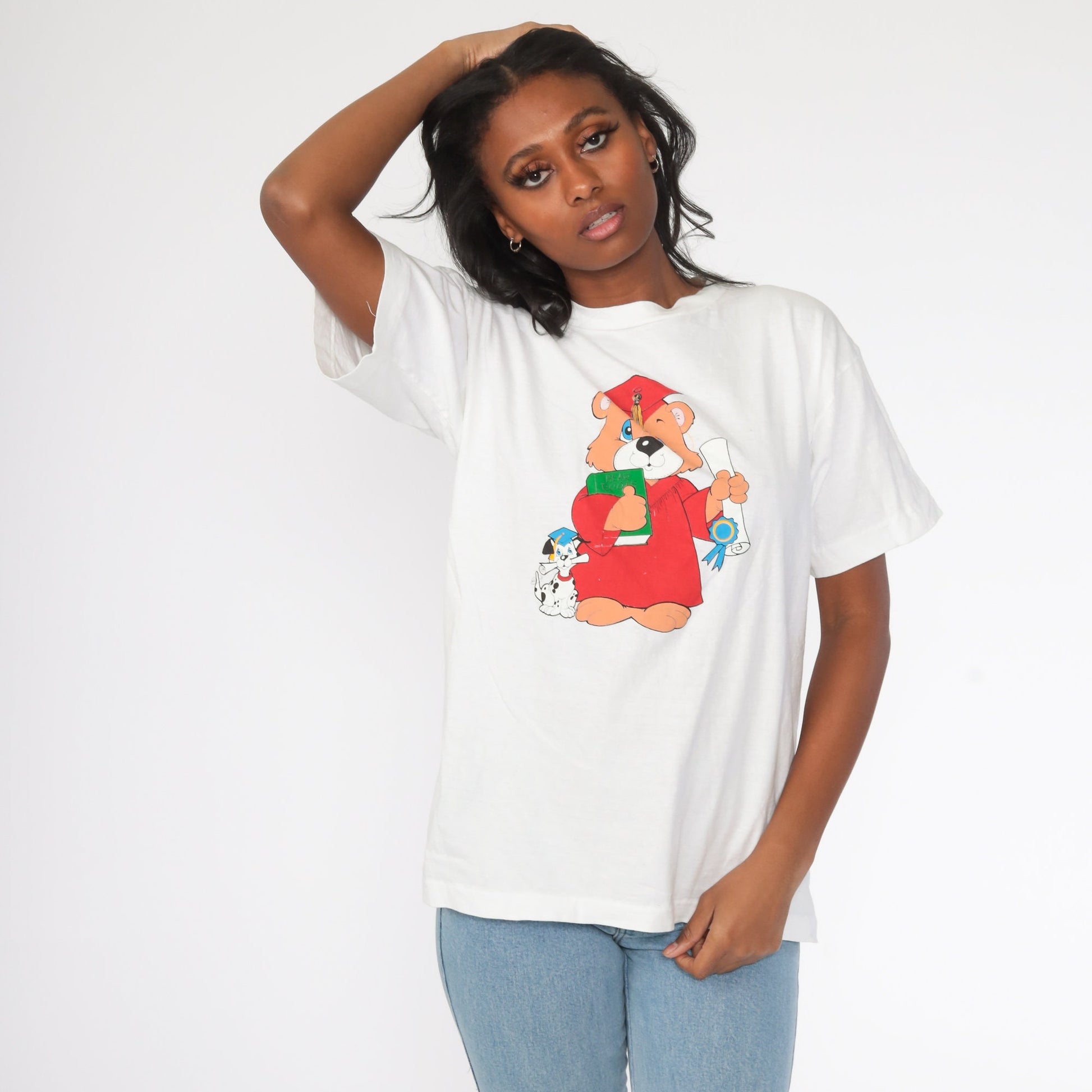 80s Teddy Bear Graduation T-Shirt Cotton Single Stitch White Medium