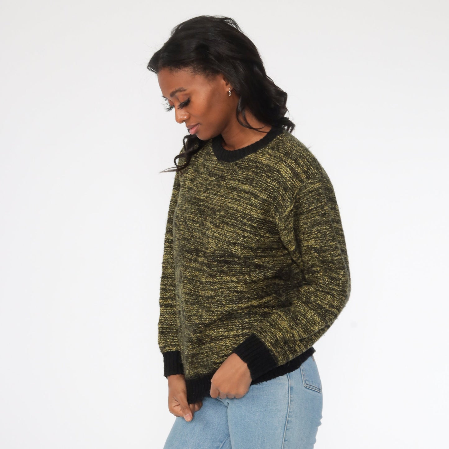 80s Space Dye Wool Blend Sweater Yellow-Green Crewneck Pullover Medium