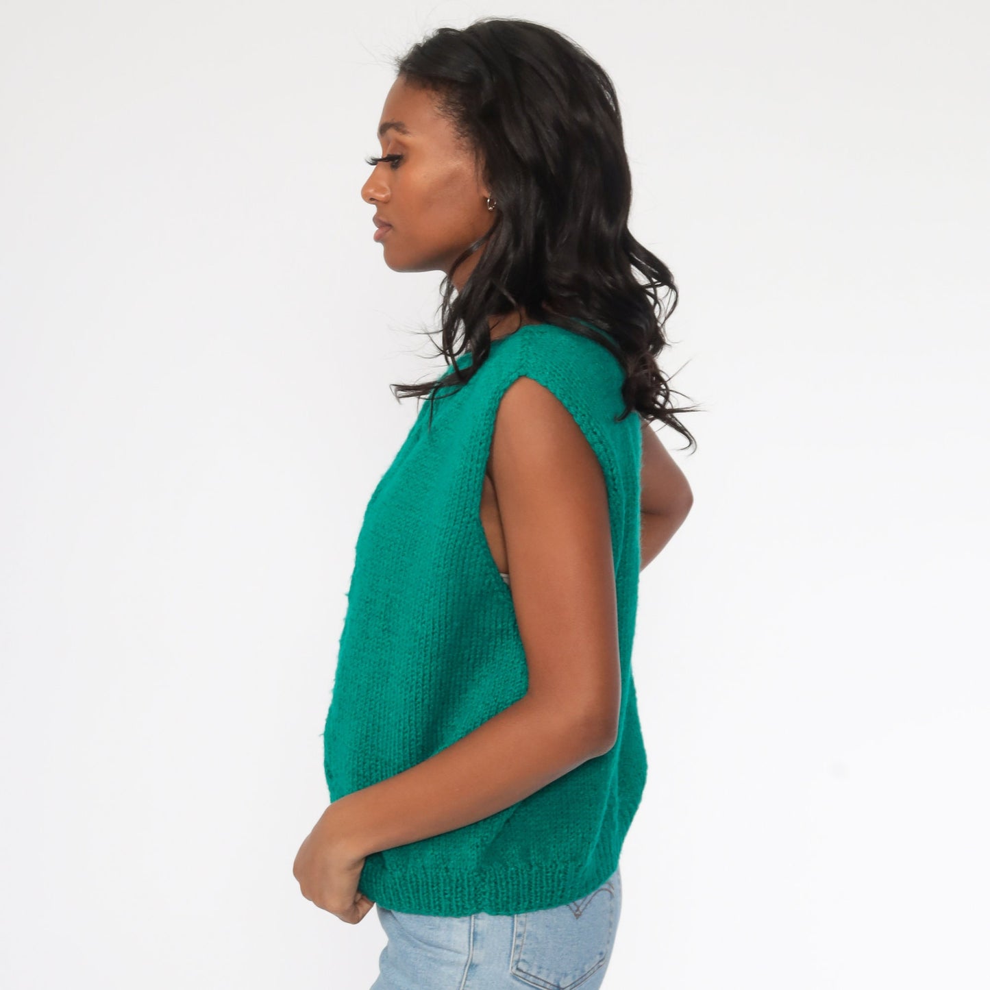 80s Cable Knit Sweater Vest Green Sleeveless Tank Large