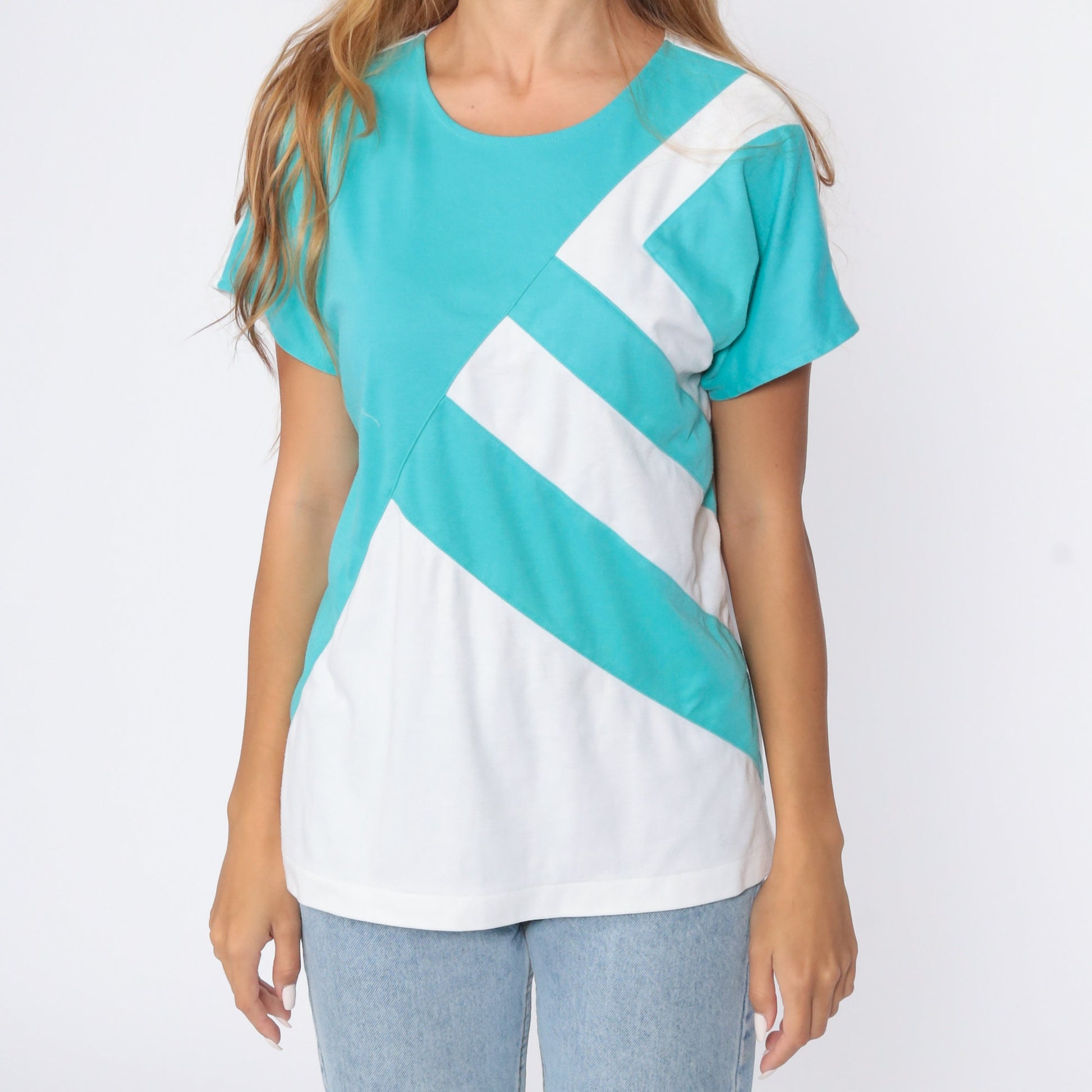 80s Turquoise White Striped T-Shirt Cap Sleeve Colorblock Top Medium