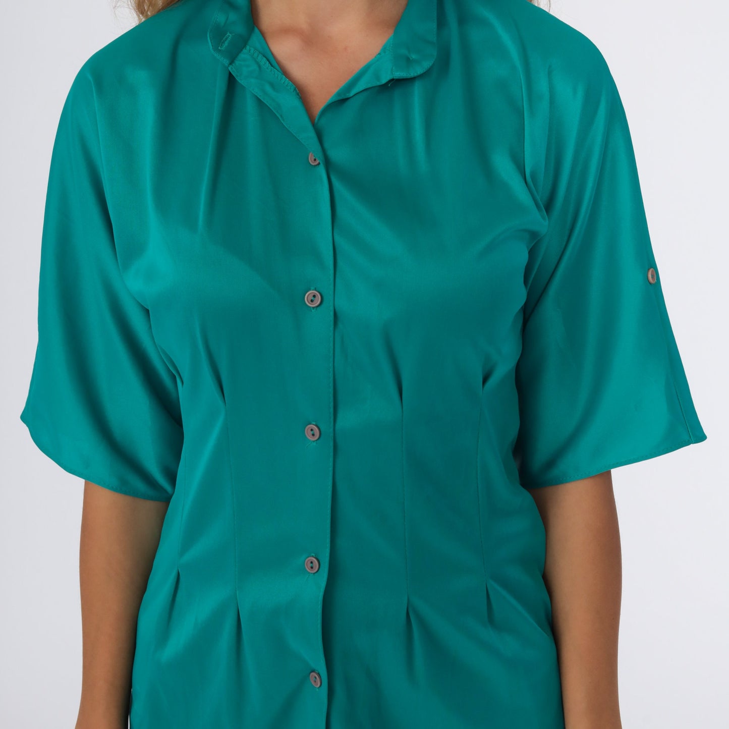 80s Teal Button-Up Shirt Short Sleeve Blouse Small