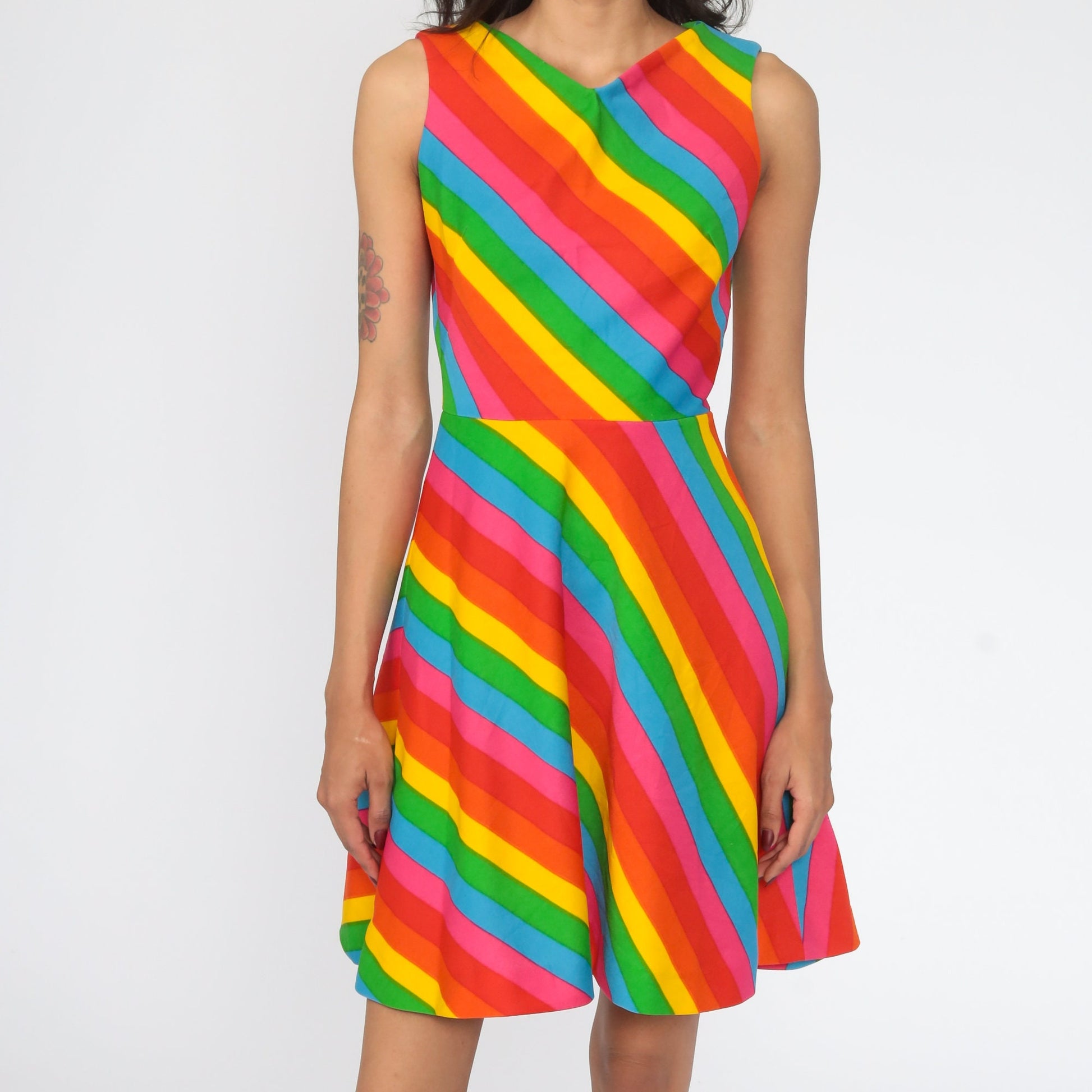 70s Gay Gibson Rainbow Striped Mini Dress Sleeveless High Waist Extra Small
