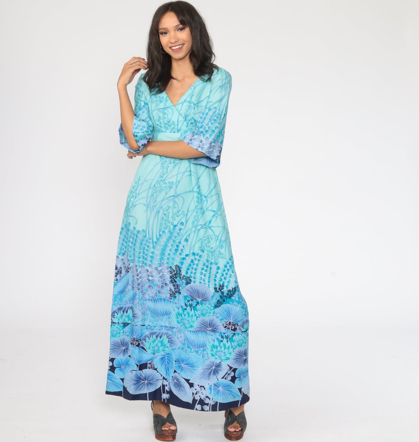 70s Blue Floral Maxi Dress Angel Sleeve Empire Waist Deep V Neck Small